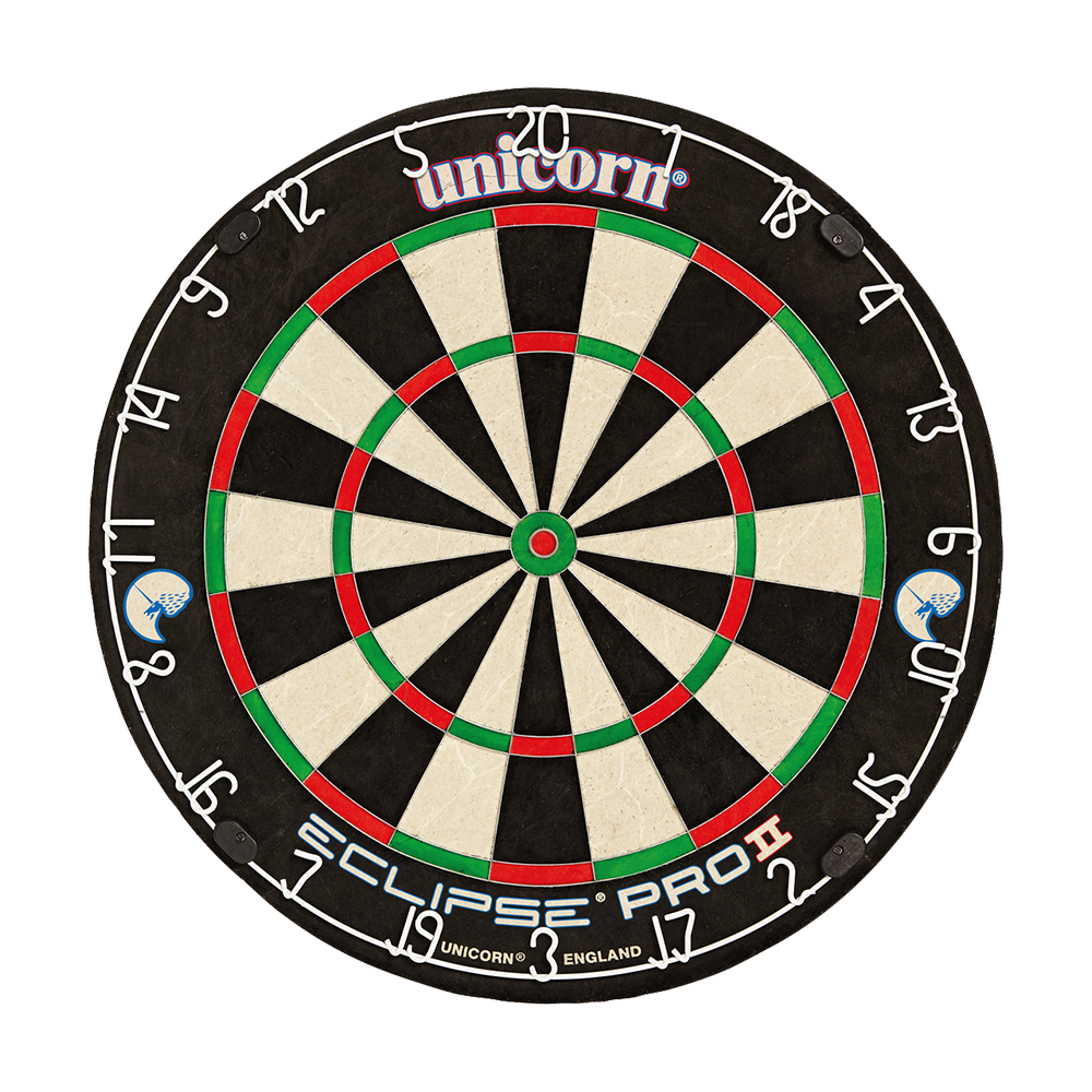 Unicorn Eclipse Pro 2 Dartboard Das Bild zeigt eine Unicorn Eclipse Pro 2 Dartscheibe. Die Dartscheibe hat ein klassisches Design mit schwarzen, weißen, roten und grünen Feldern.