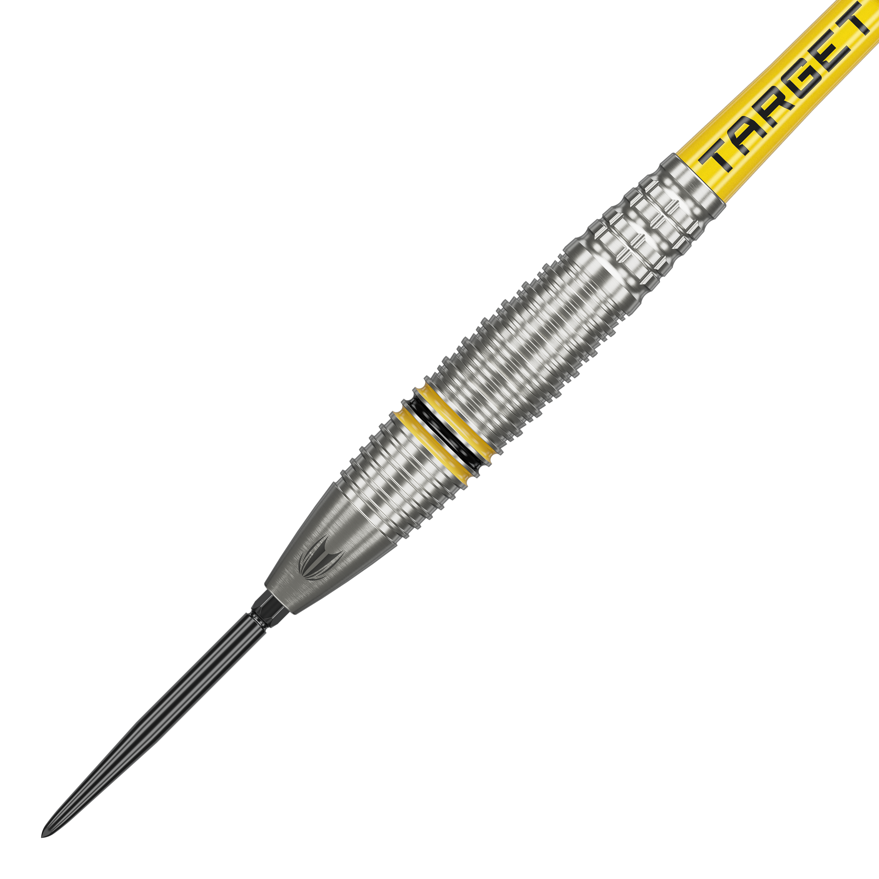 Target Scott Williams GEN2 Swiss Point steel darts Das Bild zeigt einen Target Scott Williams GEN2 Swiss Point Steeldart. Der Dart ist silberfarben mit gelben und schwarzen Akzenten sowie der Aufschrift "TARGET" auf dem Schaft.