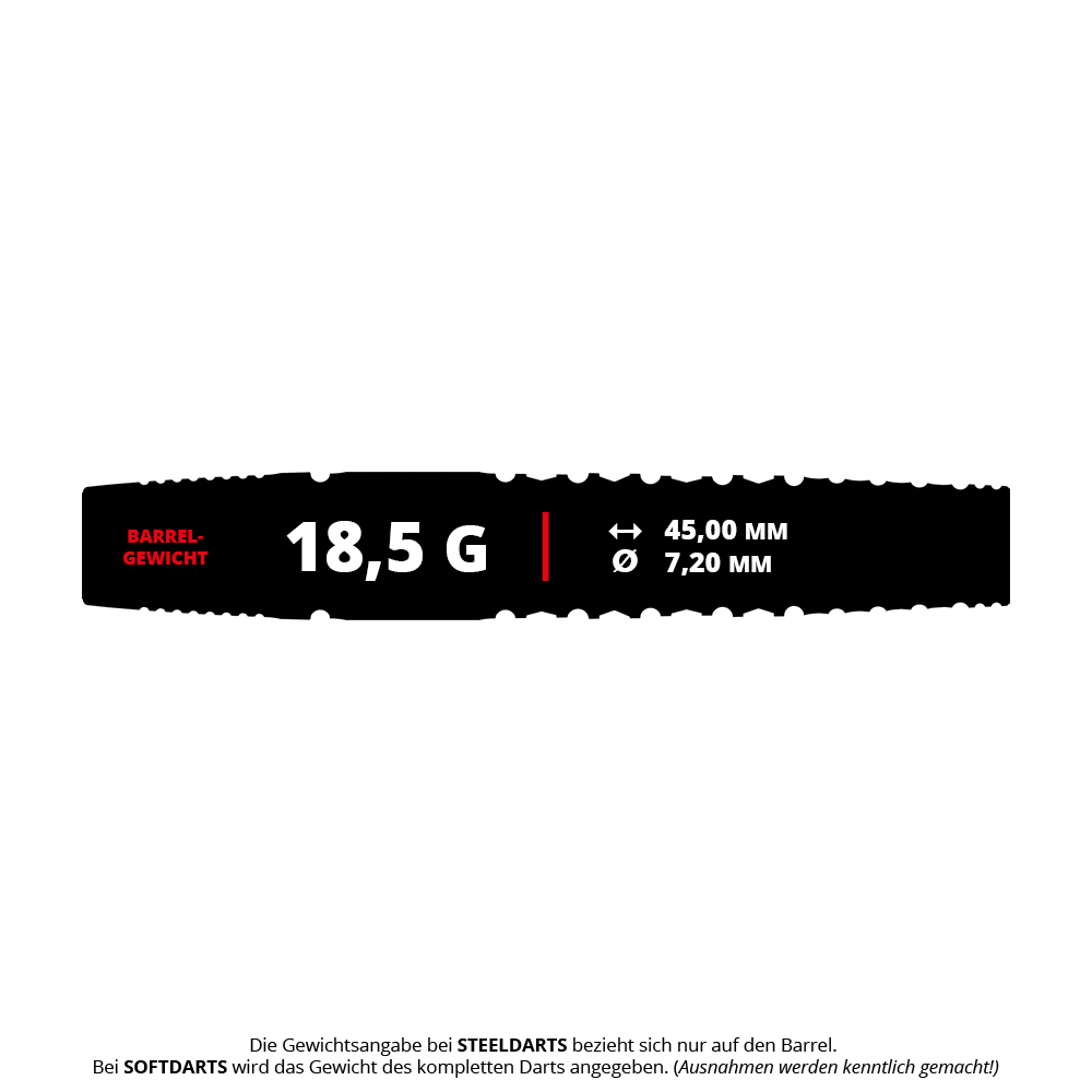 Das Produkt "Target Japan Black Marque Warrior Softdarts" wiegt 18,5 Gramm. Der Barrel ist 45,00 mm lang und hat einen Durchmesser von 7,20 mm.