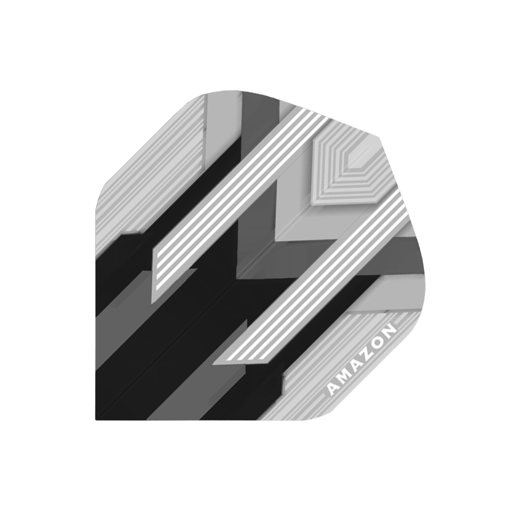 A37-Amazon-Flights-No2-Black Das Bild zeigt das Produkt "Amazon Silver No.2 Black Flights". Es ist ein schwarzer Dartflug mit silbernen und grauen Streifen sowie dem Schriftzug "AMAZON" in einer Ecke.