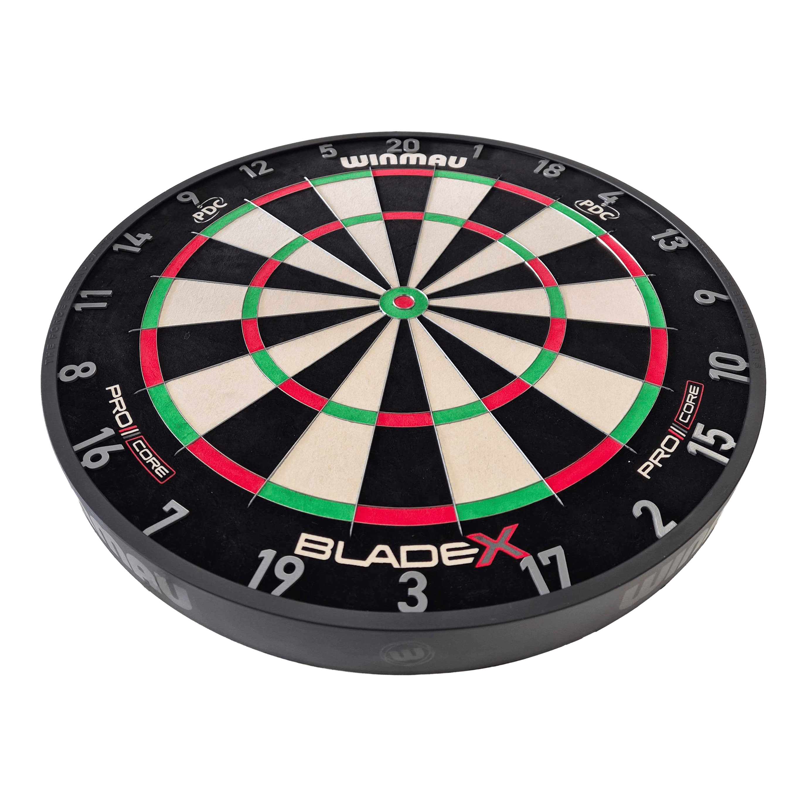 Abgebildet ist das Produkt Winmau Blade X ProCore Steeldartboard. Es handelt sich um eine professionelle Steeldart-Scheibe.