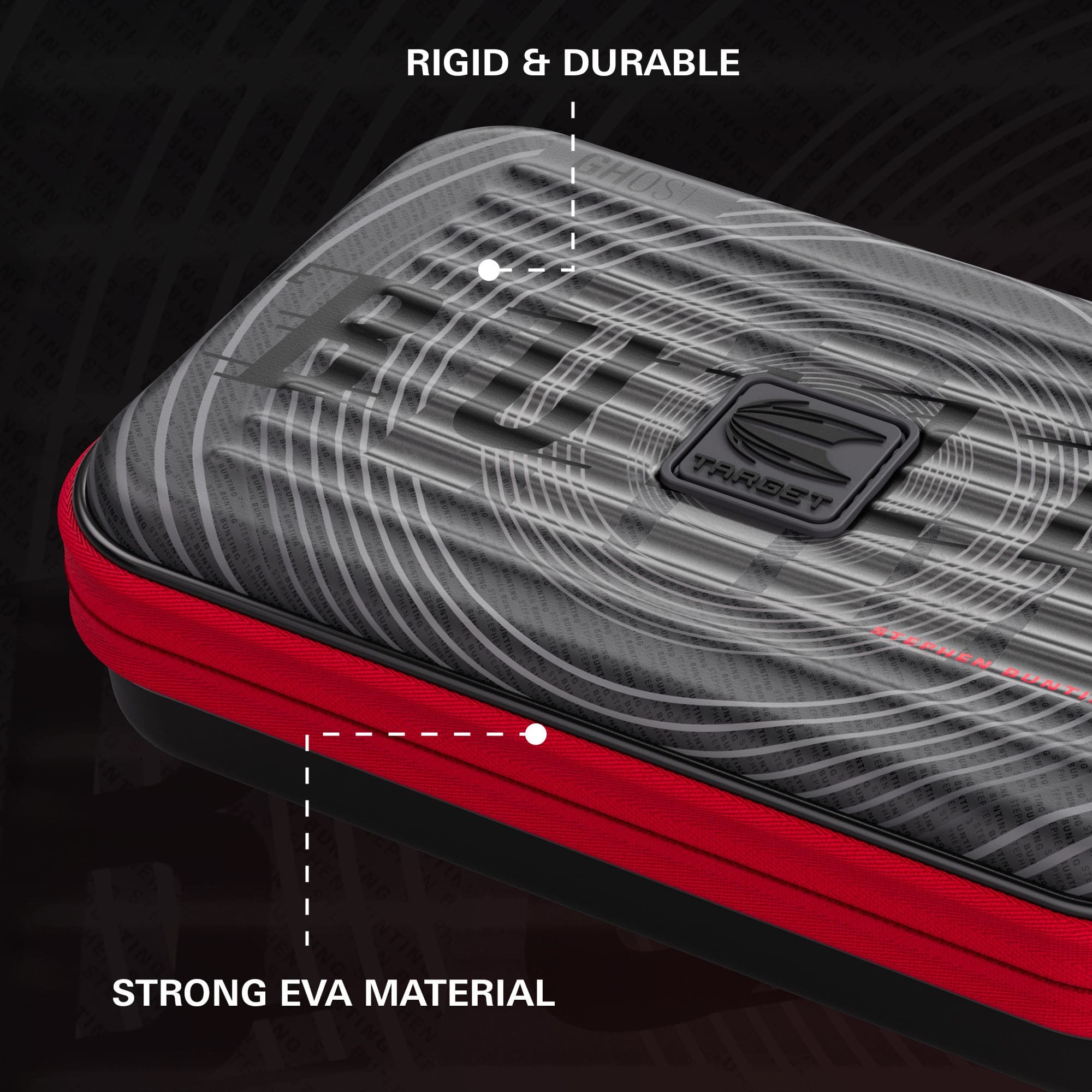 Takoma XL Ghost Series Stephen Bunting dart case Das Foto zeigt das Takoma XL Ghost Series Stephen Bunting Dartcase. Es handelt sich um eine praktische und stabile Darttasche für Fans von Stephen Bunting.