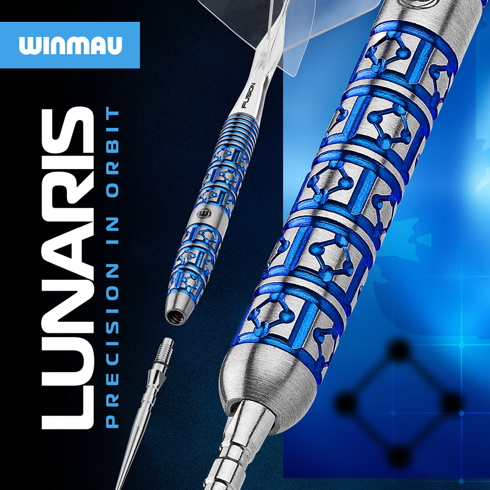 Abgebildet sind die Winmau Lunaris Tapered Switch Point Steeldarts. Sie zeichnen sich durch eine besondere Form und hochwertige Verarbeitung aus.