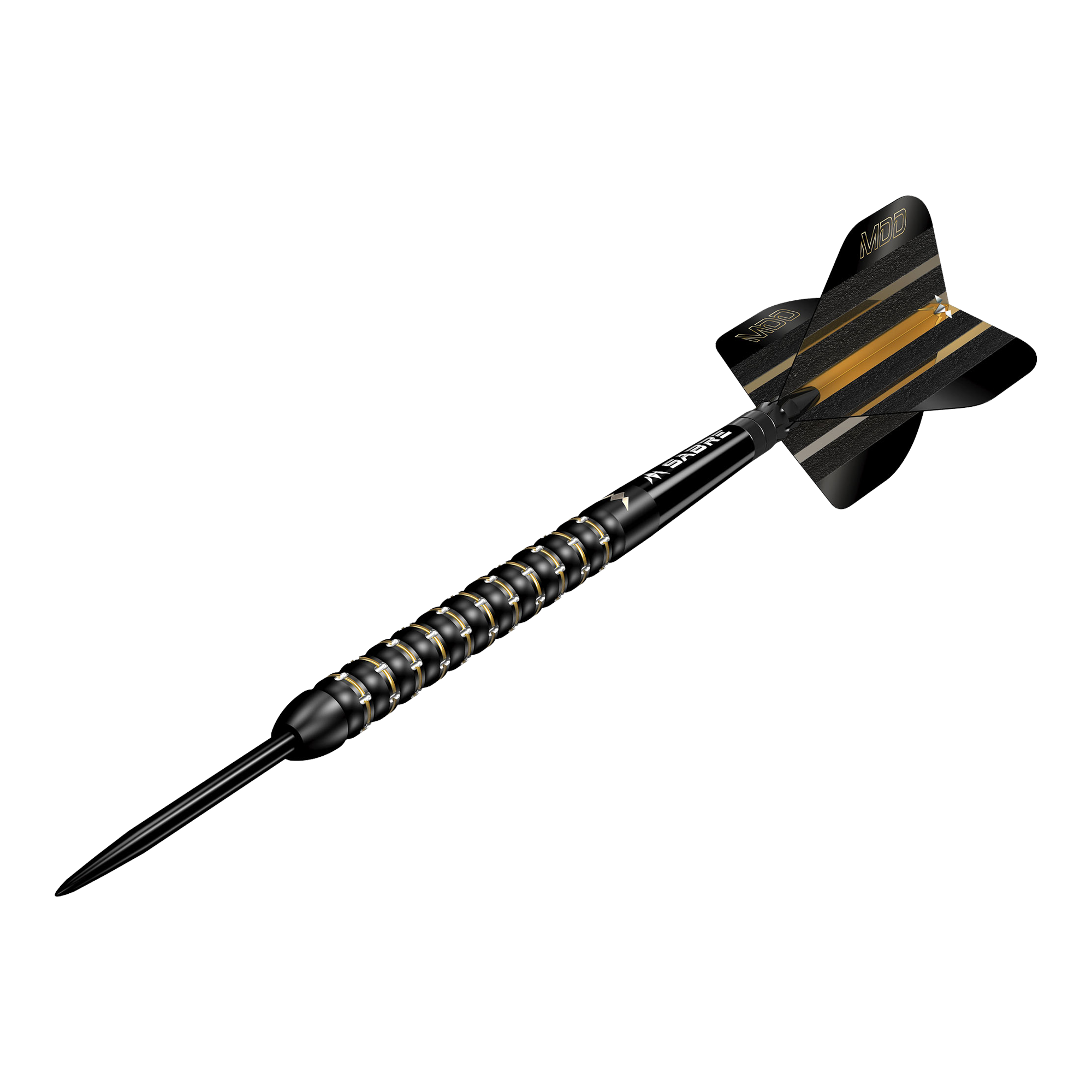 Dies ist ein Steeldartpfeil des Modells "Mission Mike De Decker MDD Black Gold". Der Pfeil ist schwarz mit goldenen Akzenten und hat eine strukturierte Griffzone.