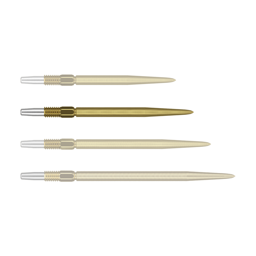 Target Swiss Point Nano Dart Tips - Gold Das Bild zeigt vier goldene Dartspitzen mit silbernem Befestigungsende, die nebeneinander liegen. Die Spitzen sind gleich lang und haben eine feine Riffelung entlang der gesamten Länge.