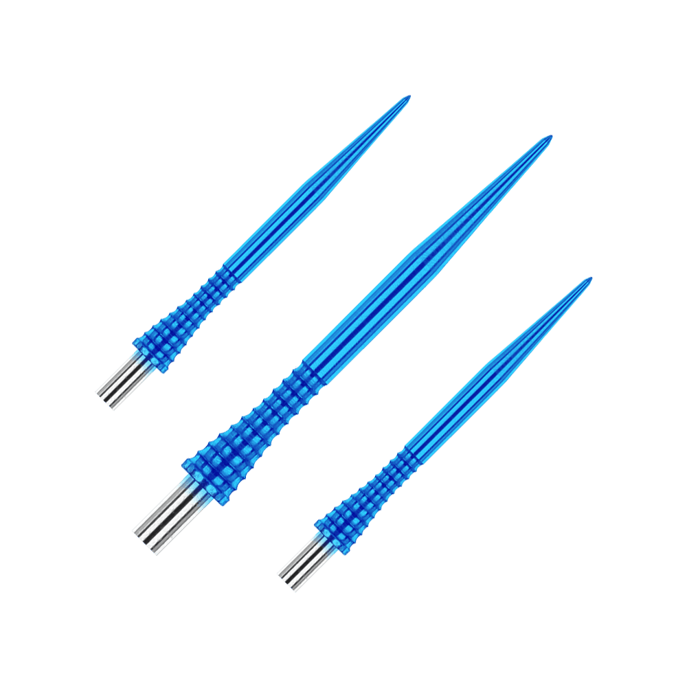 Red Dragon Raptor Gripped Blue steel dart tips 30mm Das Bild zeigt drei blaue Steeldartspitzen des Produkts "Red Dragon Raptor Gripped" mit einer Länge von 30 mm. Die Spitzen haben ein geriffeltes Griffdesign und silberne Enden.