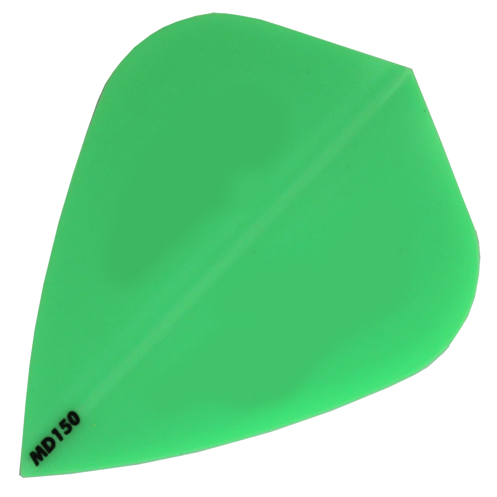 MD150-Kite-Gr-n Das Bild zeigt das Produkt "McDart MD150 - Kite Flight". Es handelt sich um ein grünes Dart-Flight mit der Aufschrift "MD150" in der unteren Ecke.