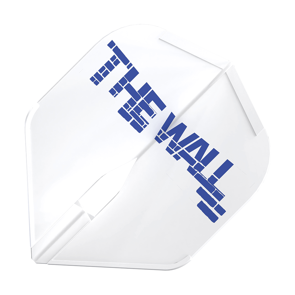 L-Style Martin Schindler White L1PRO Flights Das Bild zeigt ein weißes Dart-Flight mit der blauen Aufschrift "THE WALL". Das Produkt ist das L-Style Martin Schindler Weiß L1PRO Flight.