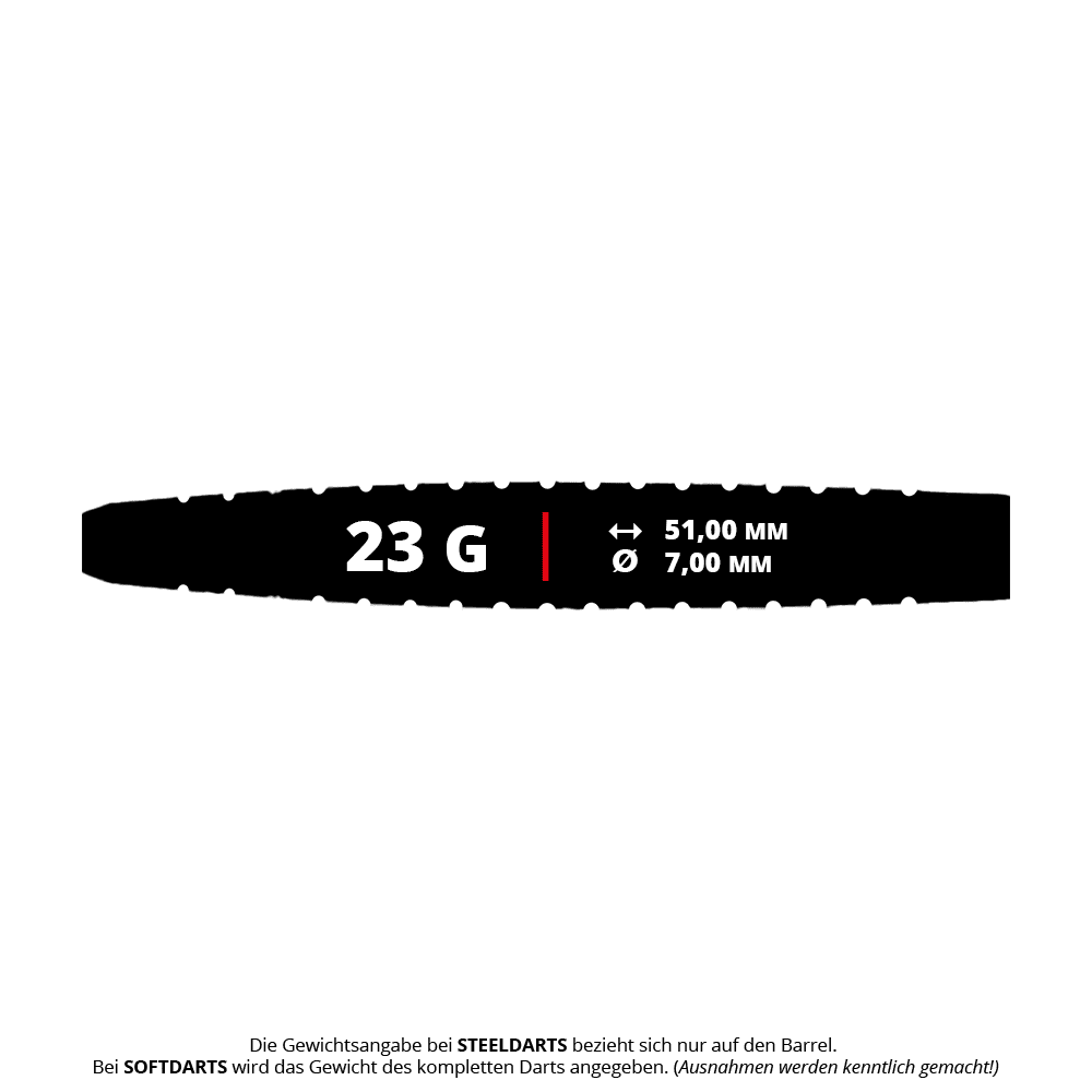 Das Bild zeigt einen Dart-Barrel mit den Angaben 23 Gramm Gewicht, 51,00 mm Länge und 7,00 mm Durchmesser. Unten steht eine Information, dass sich das Gewicht bei Steeldarts nur auf den Barrel bezieht.