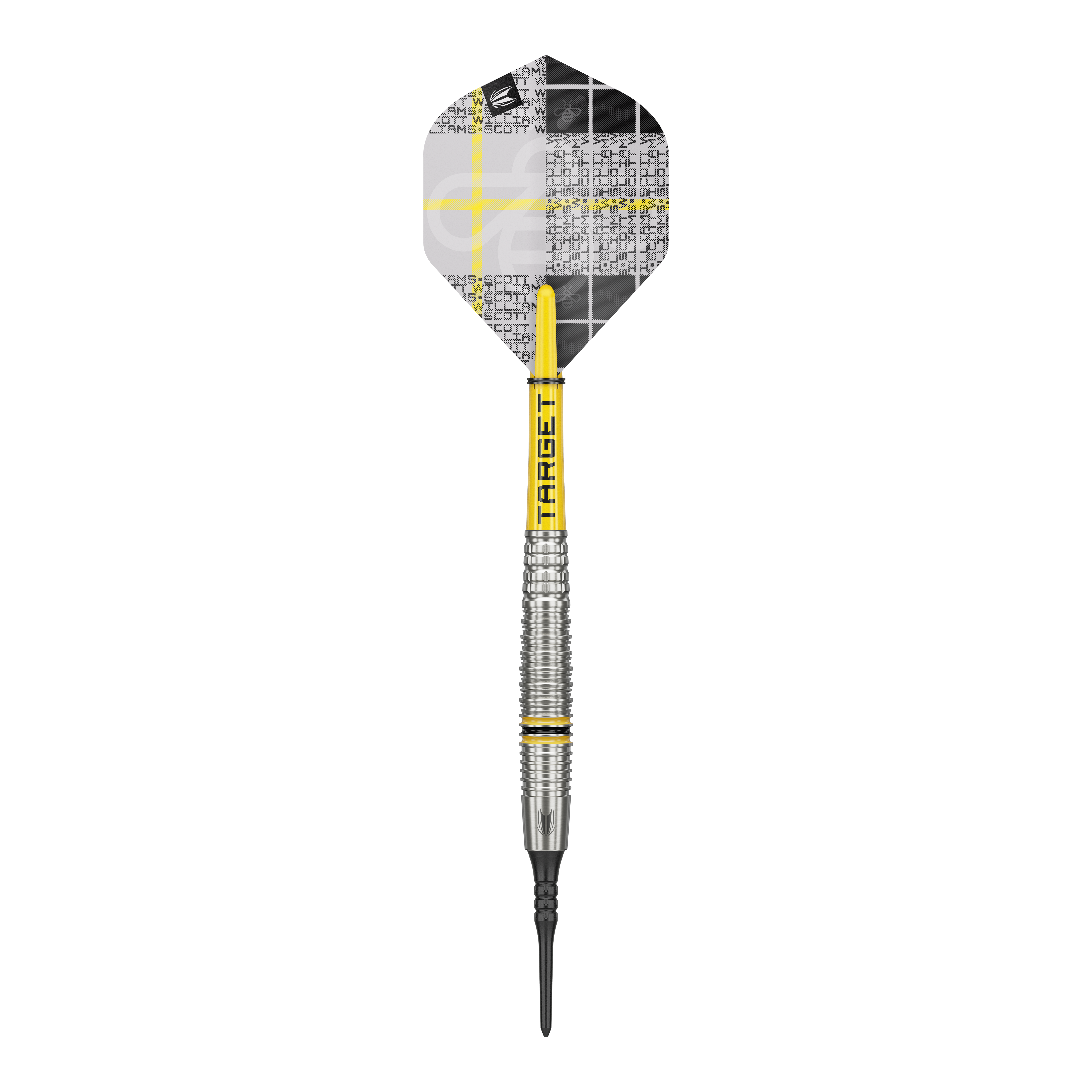 Target Scott Williams GEN2 soft darts - 18g Das Bild zeigt einen Target Scott Williams GEN2 Softdart mit einem Gewicht von 18g. Der Dart hat gelbe Akzente und ein modernes, silberfarbenes Barrel-Design.