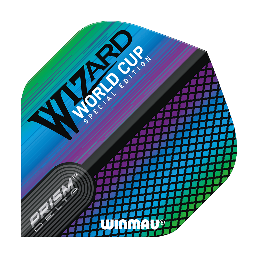6915-253_Winmau_Prism_Delta_Wizard_Rainbow_Standard_Flights_1UnkdsK9FG6KHP Das Bild zeigt das Produkt 'Winmau Prism Delta Wizard Rainbow Standard Flights'. Die Dart-Flights haben ein farbenfrohes, regenbogenartiges Design und den Aufdruck "Wizard World Cup Special Edition".