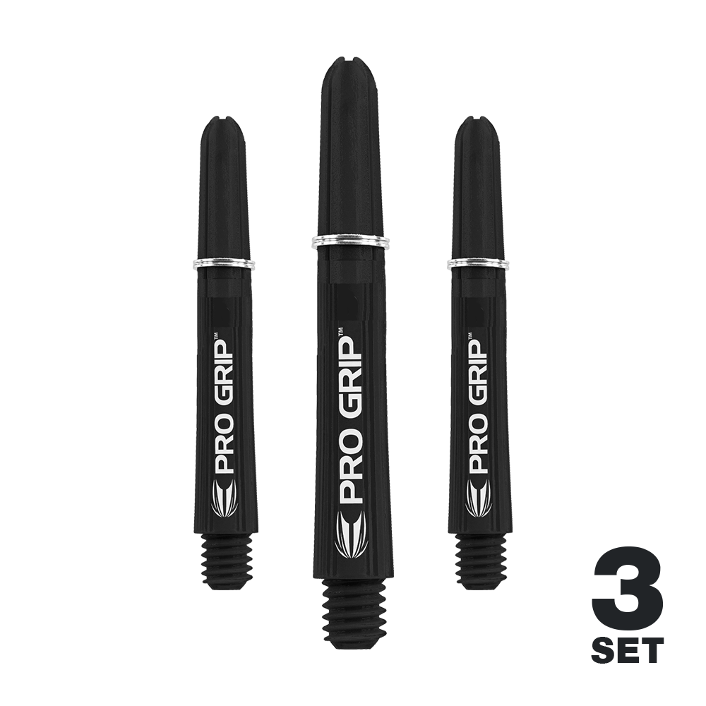 Target Pro Grip Shafts - 3 Sets - Black Das Bild zeigt drei schwarze Dart-Schäfte mit der Aufschrift "PRO GRIP". In der rechten unteren Ecke steht "3 SET".