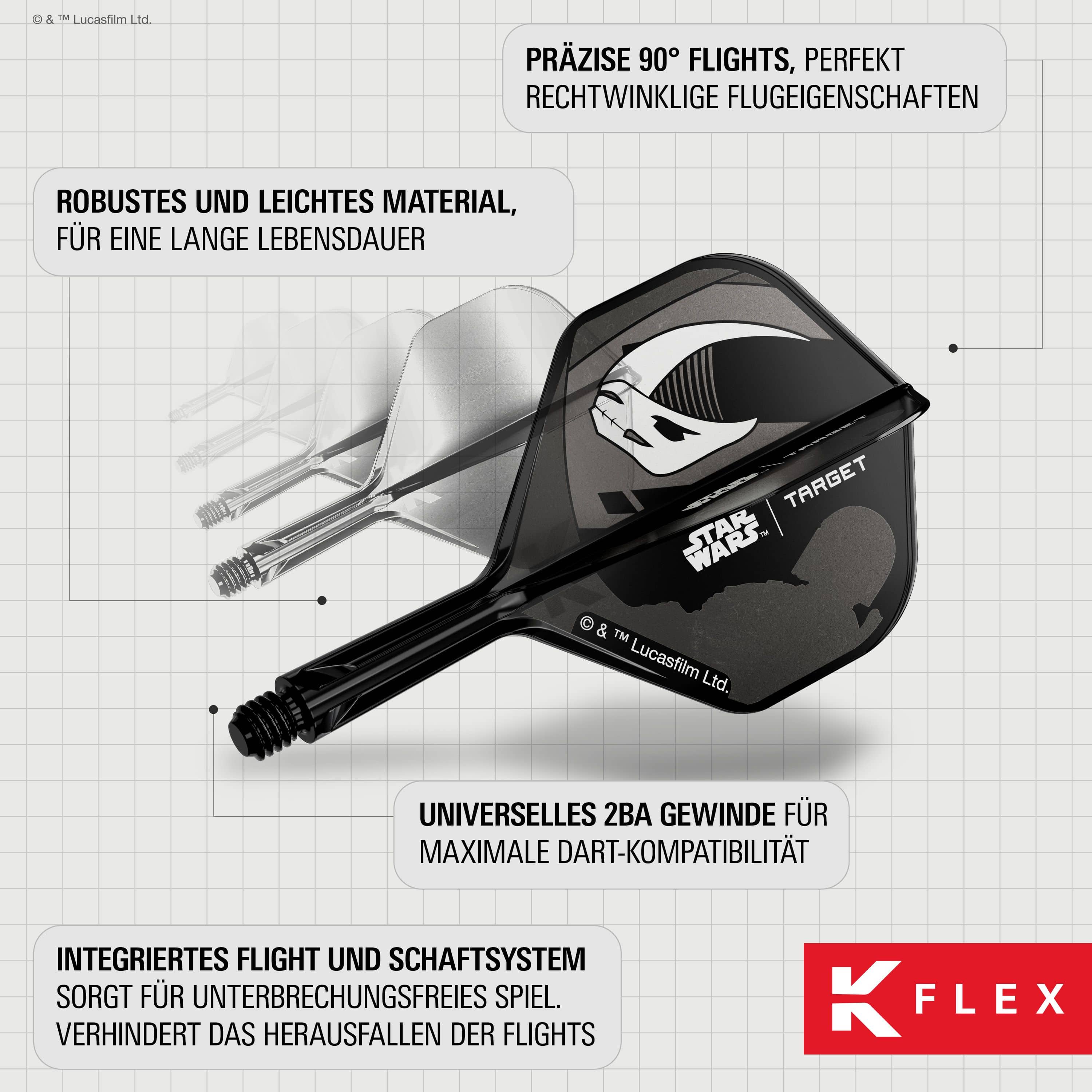 Abgebildet ist das Target Star Wars K-Flex-Set Mandalorian No2 Standard Flights. Die Flights sind im Mandalorian-Stil gestaltet und eignen sich für Star Wars Fans.