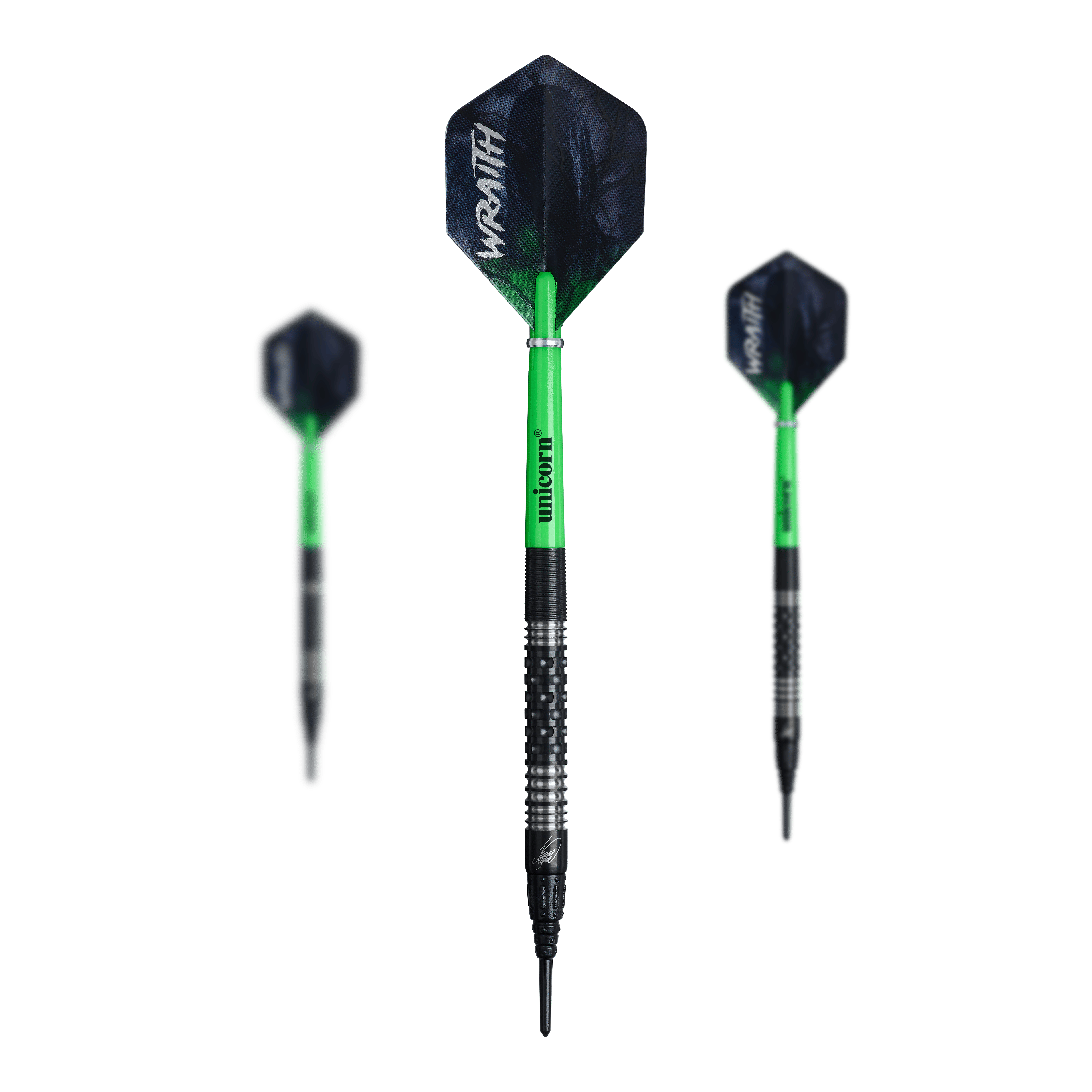 Unicorn Wraith James Wade Soft Darts - 19g Unicorn Wraith James Wade Softdarts mit einem Gewicht von 19 Gramm sind auf dem Bild zu sehen. Die Darts sind speziell für Softdartspieler entwickelt.