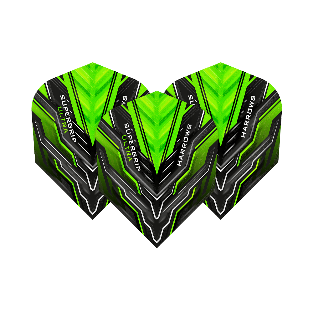 HR11_Harrows_Supergrip_Ultra_Green_Standard_Flights_1FVdoh6L0Plpu7 Harrows Supergrip Ultra Green Standard Flights in prominenter Anordnung. Die Details des Sets sind klar sichtbar.
