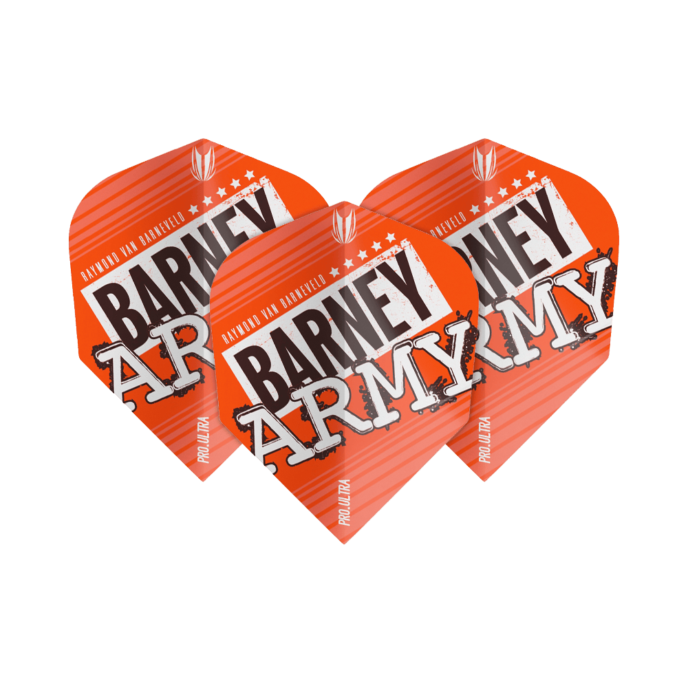 TG64_334310_Target_ProUltra_Barney_Army_Orange_Ten-X_Flights_1wac9FFhLsG2Pj Das Bild zeigt drei orangefarbene Dart-Flights mit der Aufschrift "BARNEY ARMY". Sie gehören zur Produktreihe "Target ProUltra Barney Army Orange Ten-X Flights".