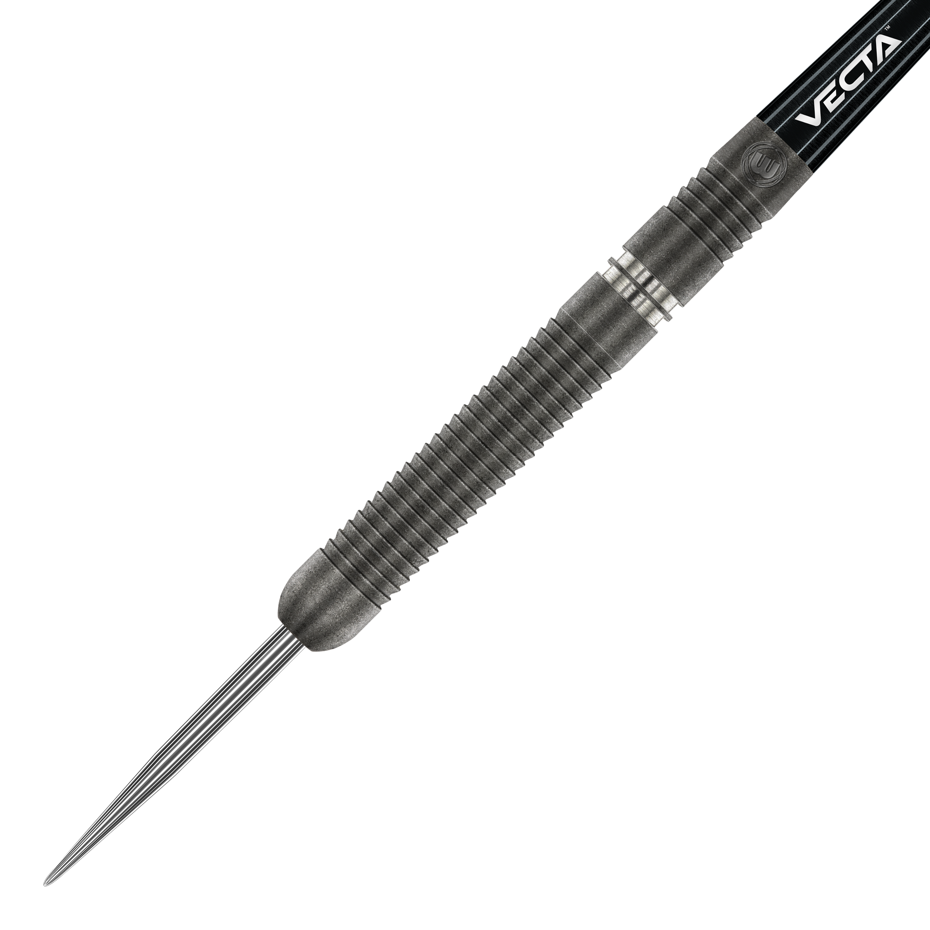 Winmau Callisto 01 Steeldarts Das Bild zeigt einen Winmau Callisto 01 Steeldart. Der Dartpfeil hat einen geriffelten, metallischen Körper und eine spitze Stahlspitze.