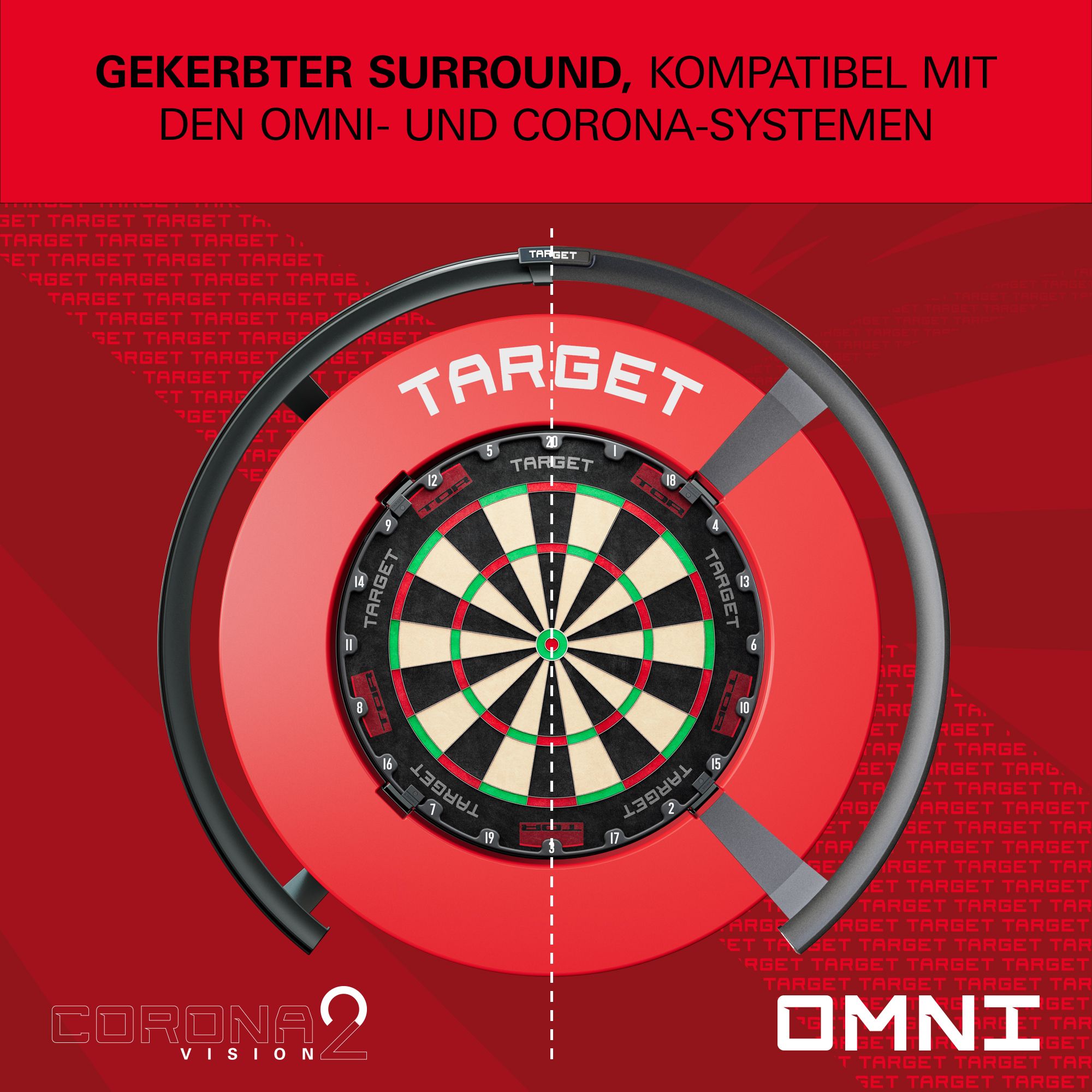 Eine Nahaufnahme einer roten Dartboard-Umrandung wird präsentiert. Die Farbe ist kräftig.