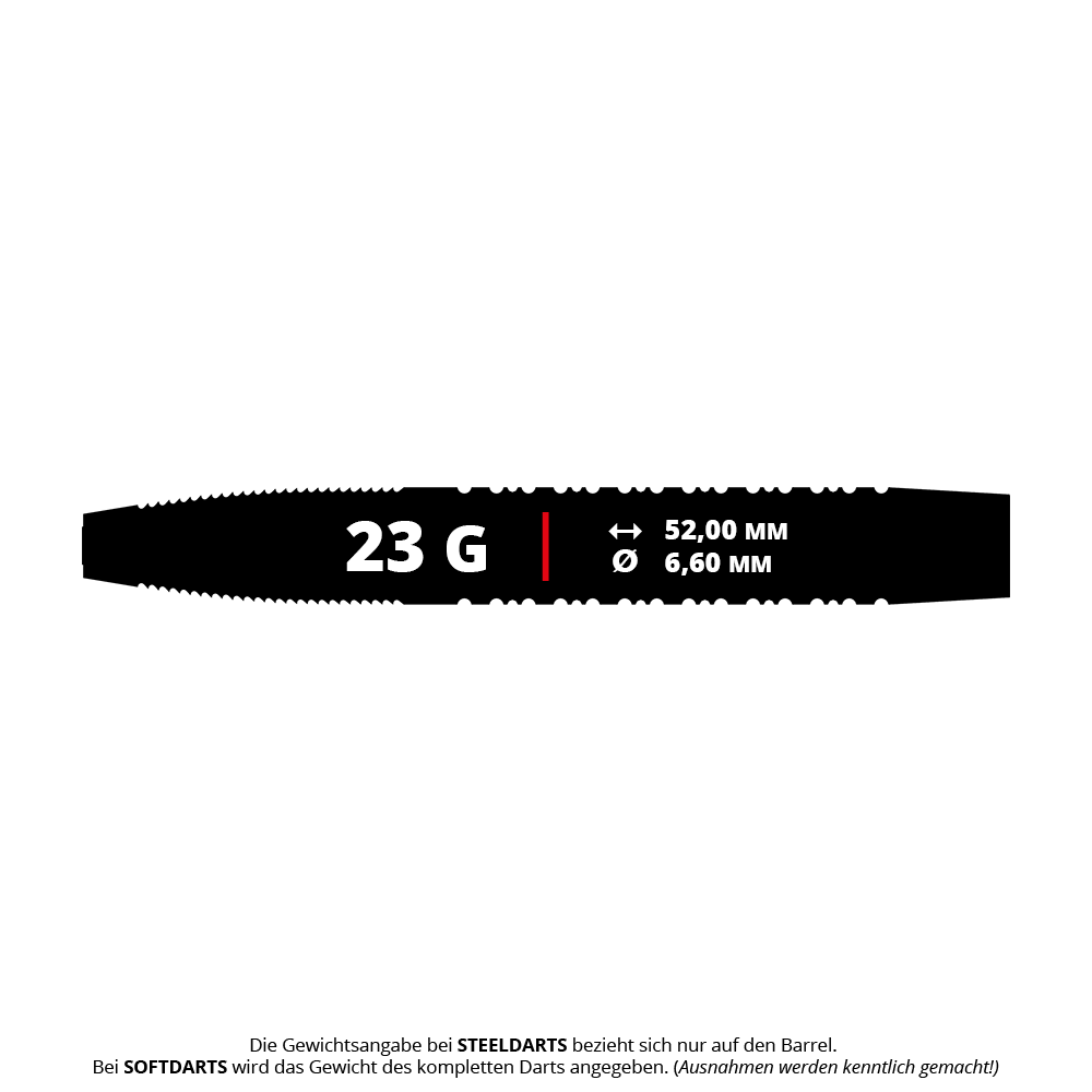 Das Bild zeigt den Shot Pro Series Jake Womack Steeldart mit einem Gewicht von 23 Gramm. Der Dart hat eine Länge von 52,00 mm und einen Durchmesser von 6,60 mm.