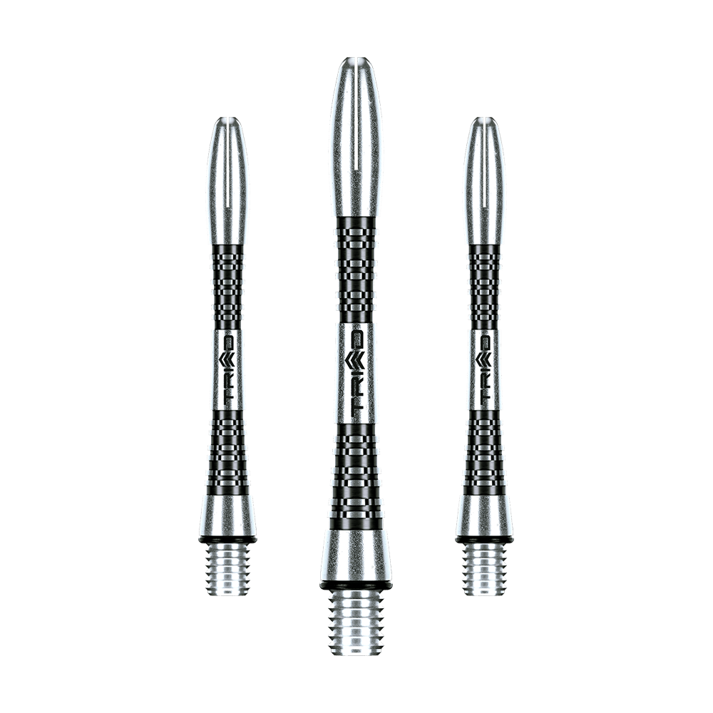 7013-401_Winmau_Triad_Aluminium_Shafts_Schwarz_41mm_1 Das Bild zeigt drei schwarze Winmau Triad Aluminium Shafts für Darts. Die Shafts haben ein elegantes, geriffeltes Design mit silbernen und schwarzen Akzenten.