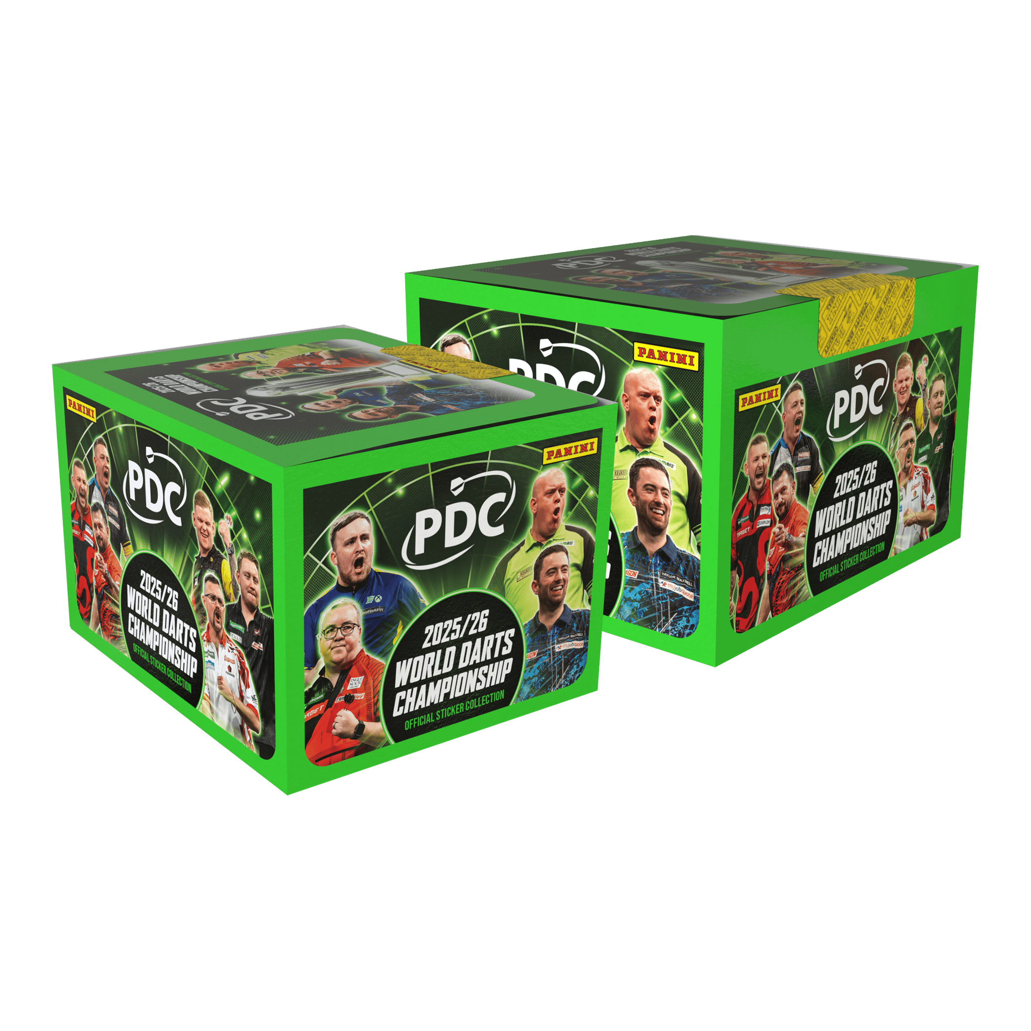 Panini PDC World Darts Championship 2025/26 - Hardcover Mega Bundle with two sticker boxes Das Bild stellt das Panini PDC World Darts Championship 2025/26 Hardcover Mega Bundle mit zwei Stickerboxen dar. Es bietet ein Hardcover-Sammelalbum und zwei Stickerboxen zum Sammeln.