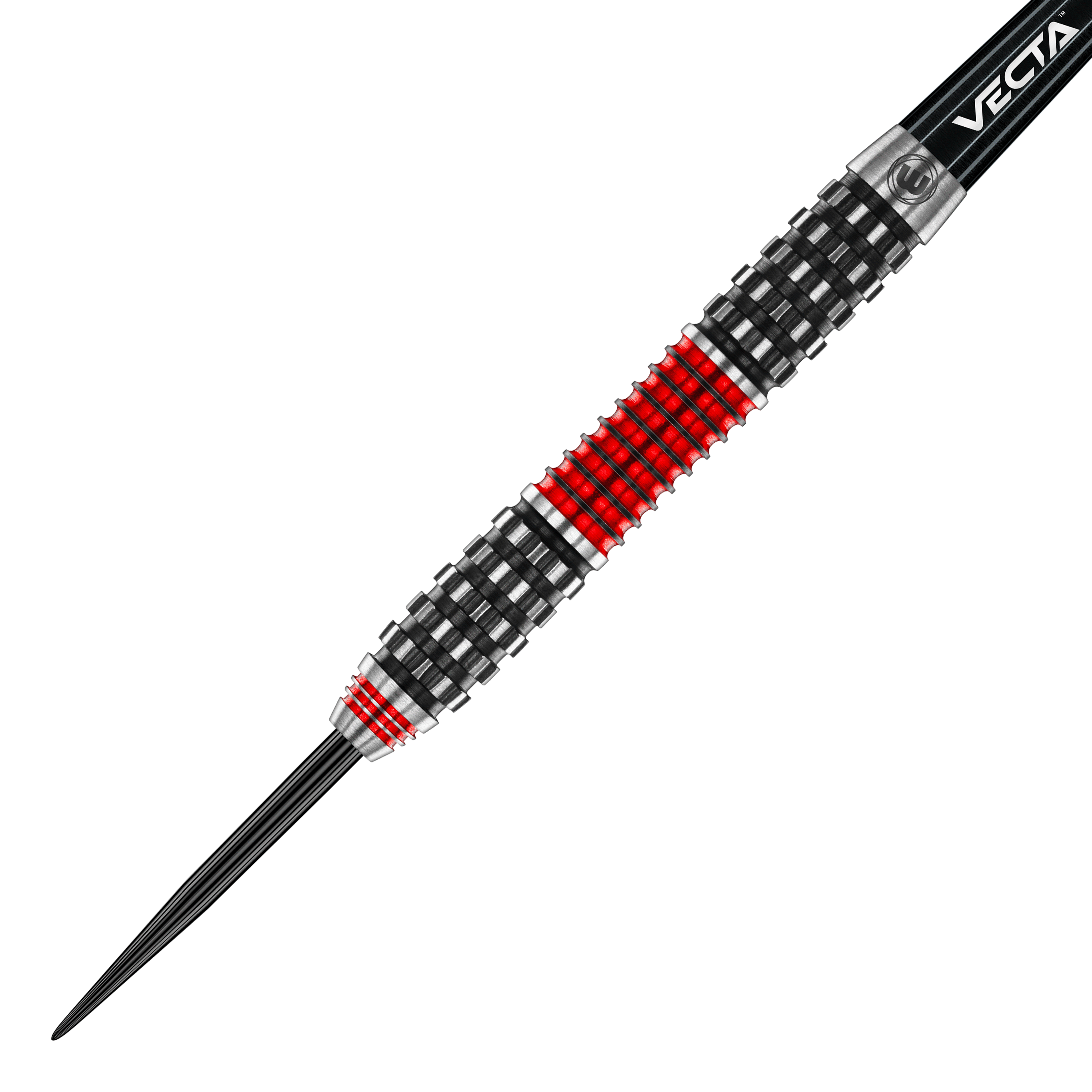 Winmau Joe Cullen Rockstar Series RS1 steel darts Auf dem Bild ist der Winmau Joe Cullen Rockstar Series RS1 Steeldart zu sehen. Der Dart hat ein schwarzes und rotes Griffmuster mit metallischen Akzenten.