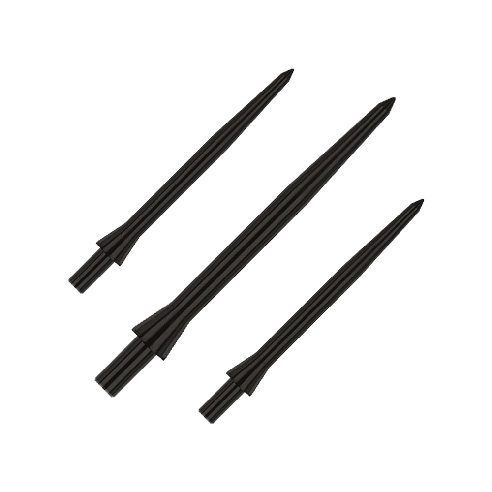Red Dragon Raptor Plain Black steel dart tips - 30mm Das Bild zeigt drei schwarze Steeldartspitzen der Marke Red Dragon Raptor in 28 mm Länge. Die Spitzen sind schlicht und haben ein glattes Design.