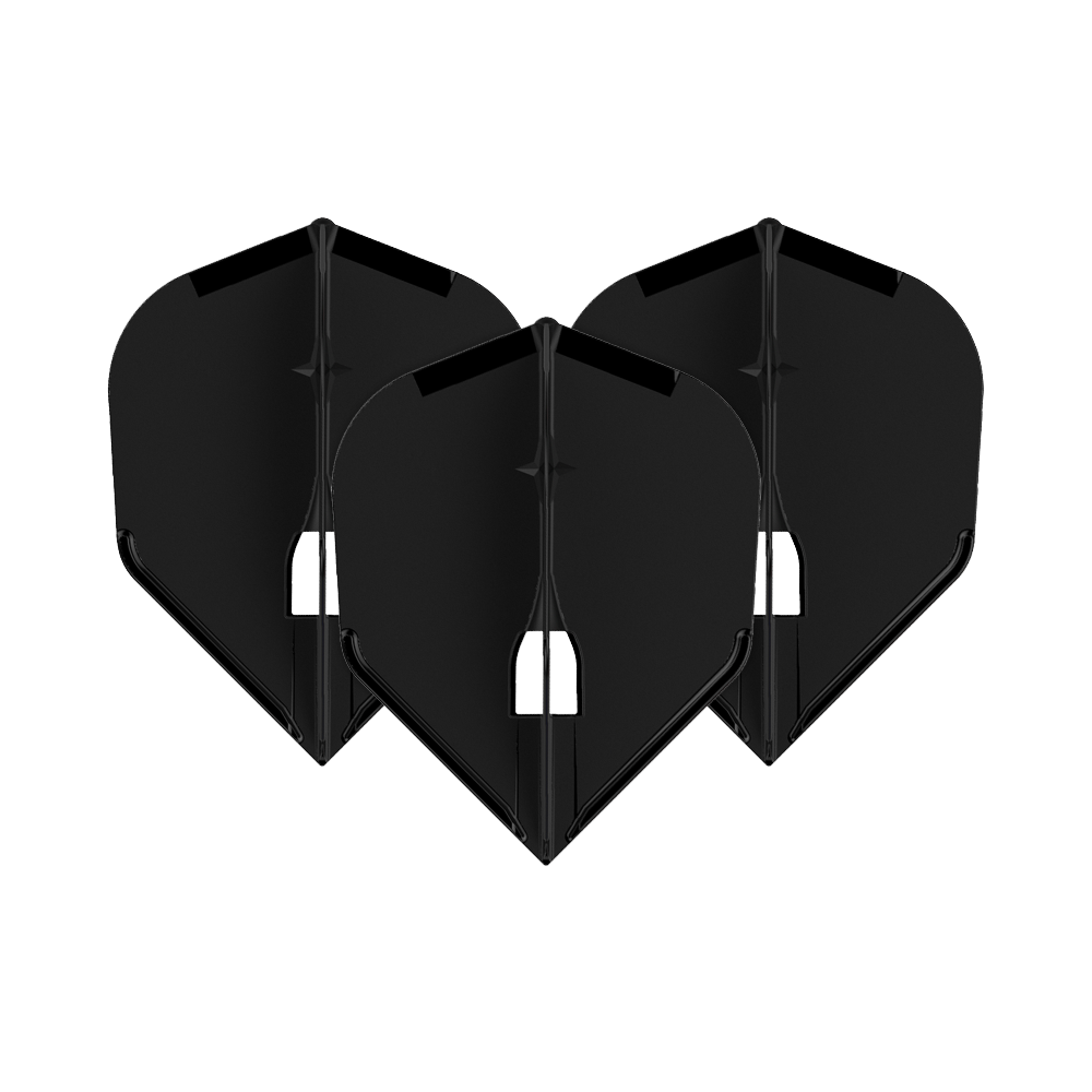 L-Style Flights Champagne - L3PRO Shape Auf dem Bild sind drei schwarze Dartflights zu sehen. Sie haben eine klassische, abgeflachte Form und stehen nebeneinander.