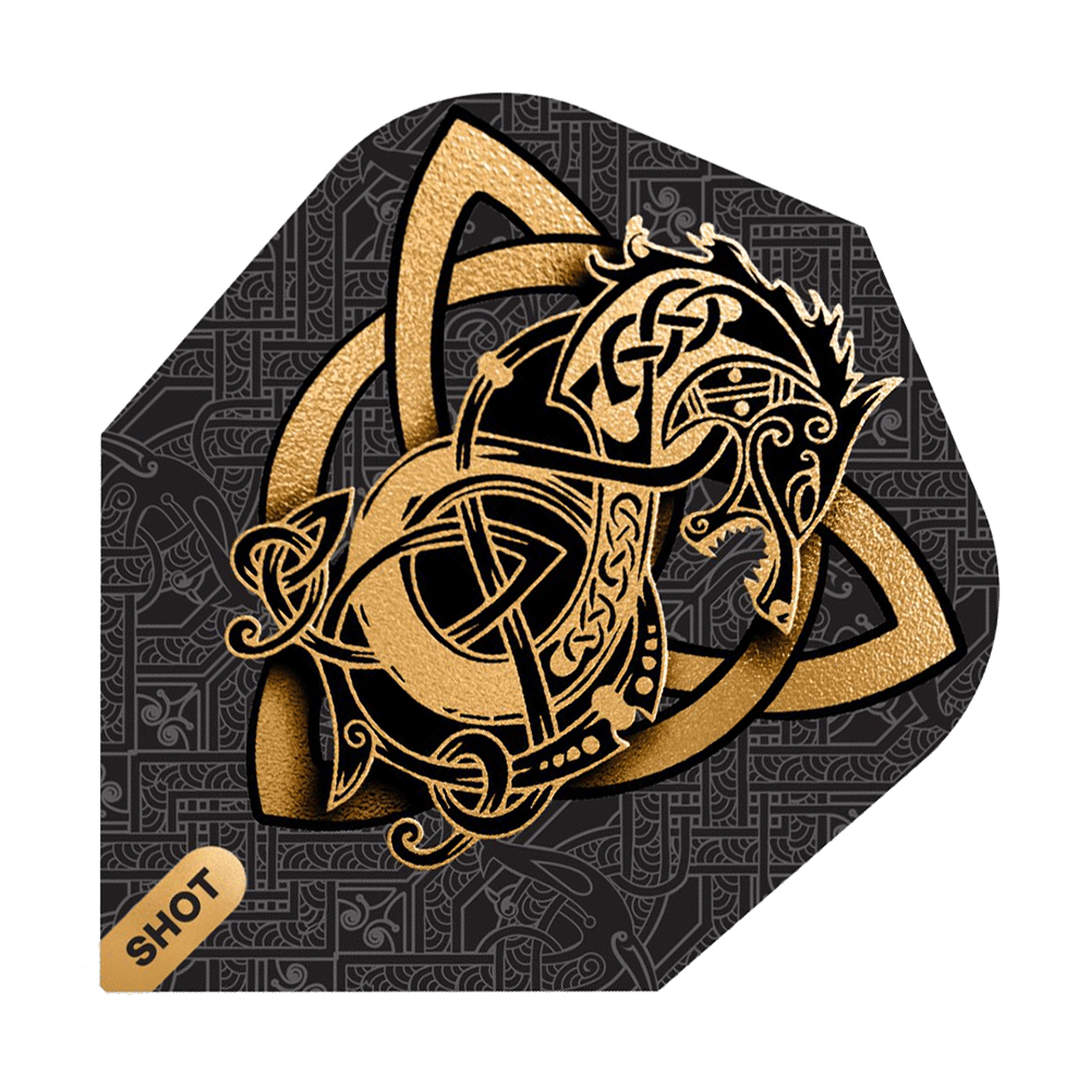Shot Viking Wolf No. 6 Flights Das Bild zeigt das Produkt "Shot Viking Wolf No6 Flights" mit einem goldenen Wikinger-Wolf Design auf schwarzem Hintergrund. Im Hintergrund sind feine, keltische Muster zu sehen und unten links steht das Wort "SHOT".