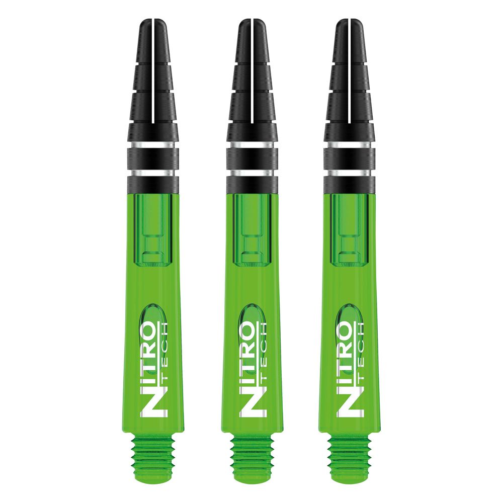 C445_Nitrotech_Short_Green_V Das Bild zeigt drei grüne RedDragon Nitrotech Shafts für Dartpfeile. Die Shafts haben ein modernes Design mit schwarzer Spitze und weißer Aufschrift.