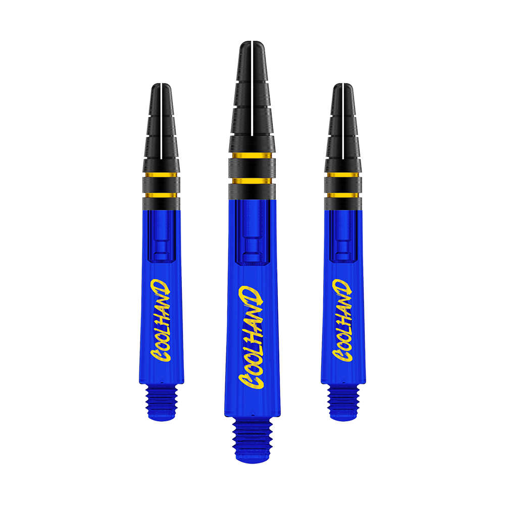 Red Dragon Nitrotech Luke Humphries Coolhand Shafts - Blue Das Bild zeigt drei blaue Dartschäfte mit der gelben Aufschrift "COOLHAND". Die Schäfte haben schwarze und goldene Akzente am oberen Ende.