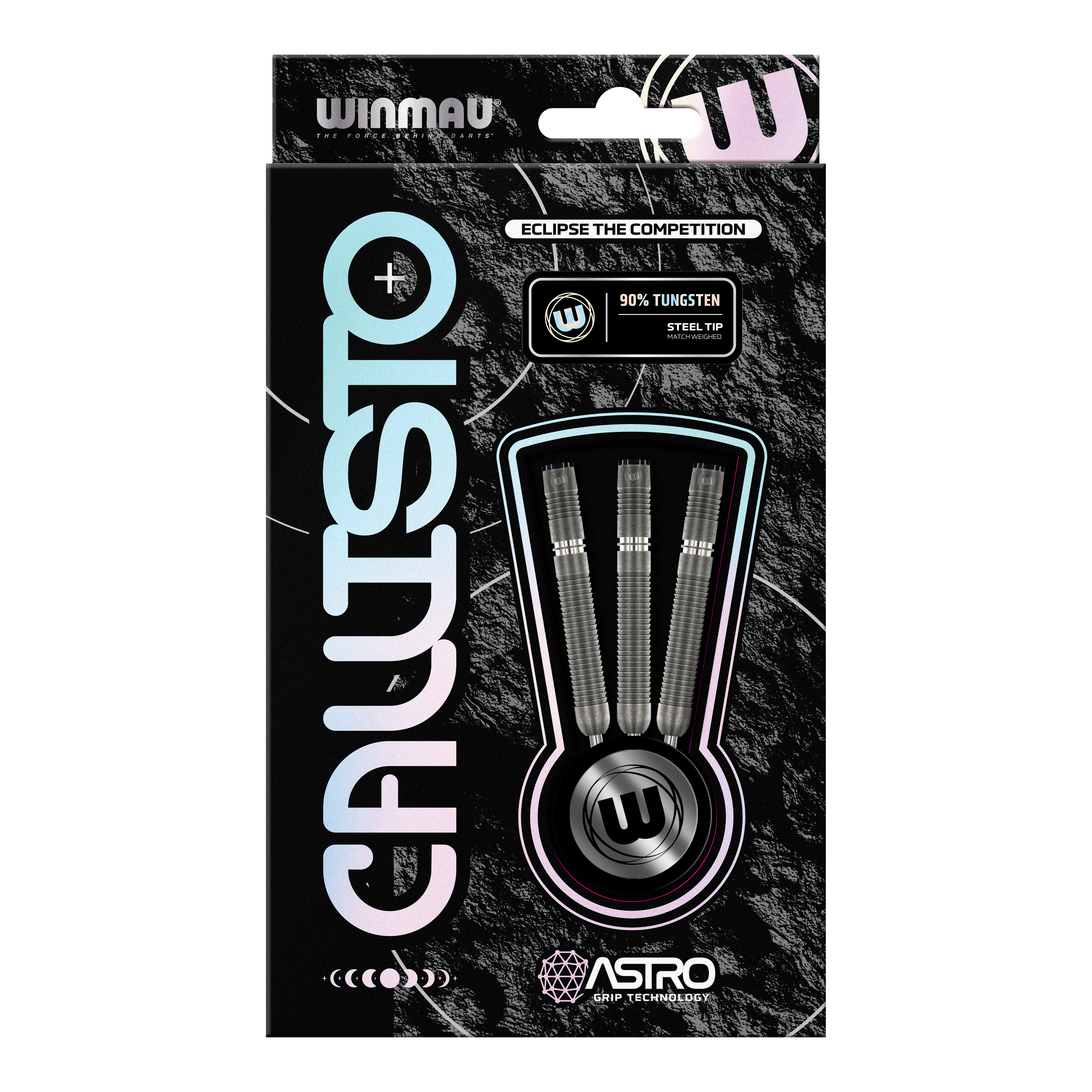 Winmau Callisto 01 Steeldarts Das Bild zeigt eine Verpackung der "Winmau Callisto 01 Steeldarts". In der Mitte sind drei Darts mit Stahlspitze und 90% Tungsten-Anteil sichtbar.