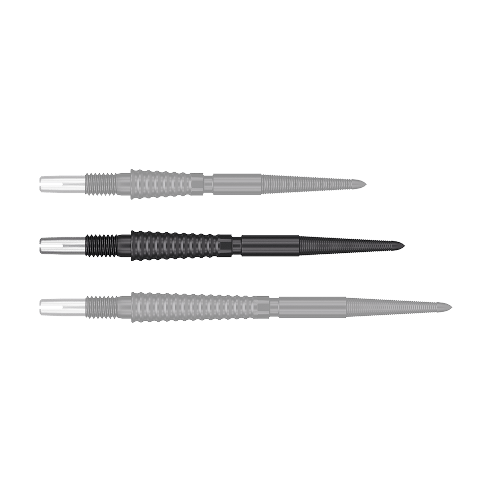 Target Swiss Storm LNC dart tips - Black Das Bild zeigt drei schwarze Dartspitzen in einer Reihe. Die Spitzen haben eine geriffelte Oberfläche und einen silbernen Ansatz.