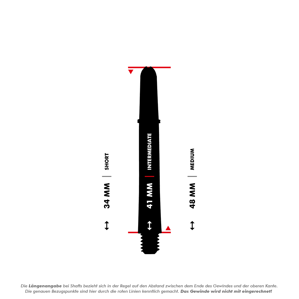 Das Bild zeigt drei verschiedene Längen von Target Pro Grip Shafts: Short (34 mm), Intermediate (41 mm) und Medium (48 mm). Die roten Linien markieren die Messpunkte der Längenangabe, das Gewinde wird nicht mitgerechnet.