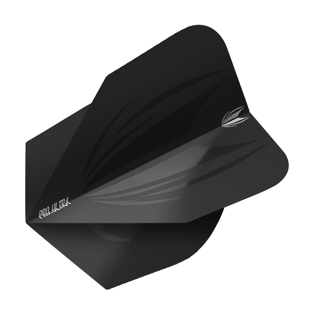 TG407_Target_ProUltra_ID_Black_No6_Flights_2 Das Bild zeigt das Produkt "Target ProUltra ID Black No6 Flights". Es handelt sich um schwarze Dart-Flights mit einem modernen, dezenten Design.
