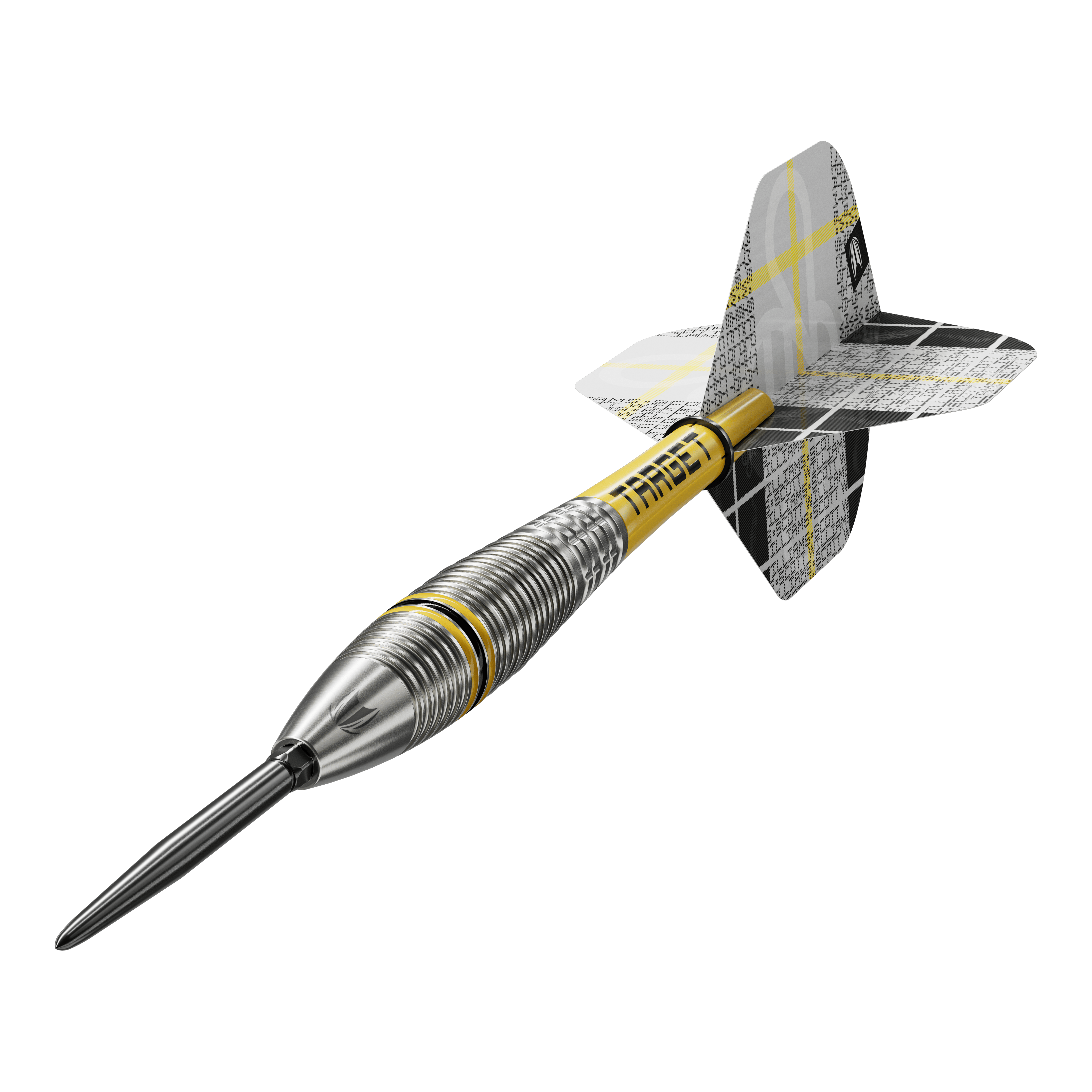Target Scott Williams GEN2 Swiss Point steel darts Auf dem Bild ist ein Target Scott Williams GEN2 Swiss Point Steeldart zu sehen. Der Dartpfeil hat ein silbernes, geriffeltes Barrel und gelbe Akzente sowie moderne Flights.