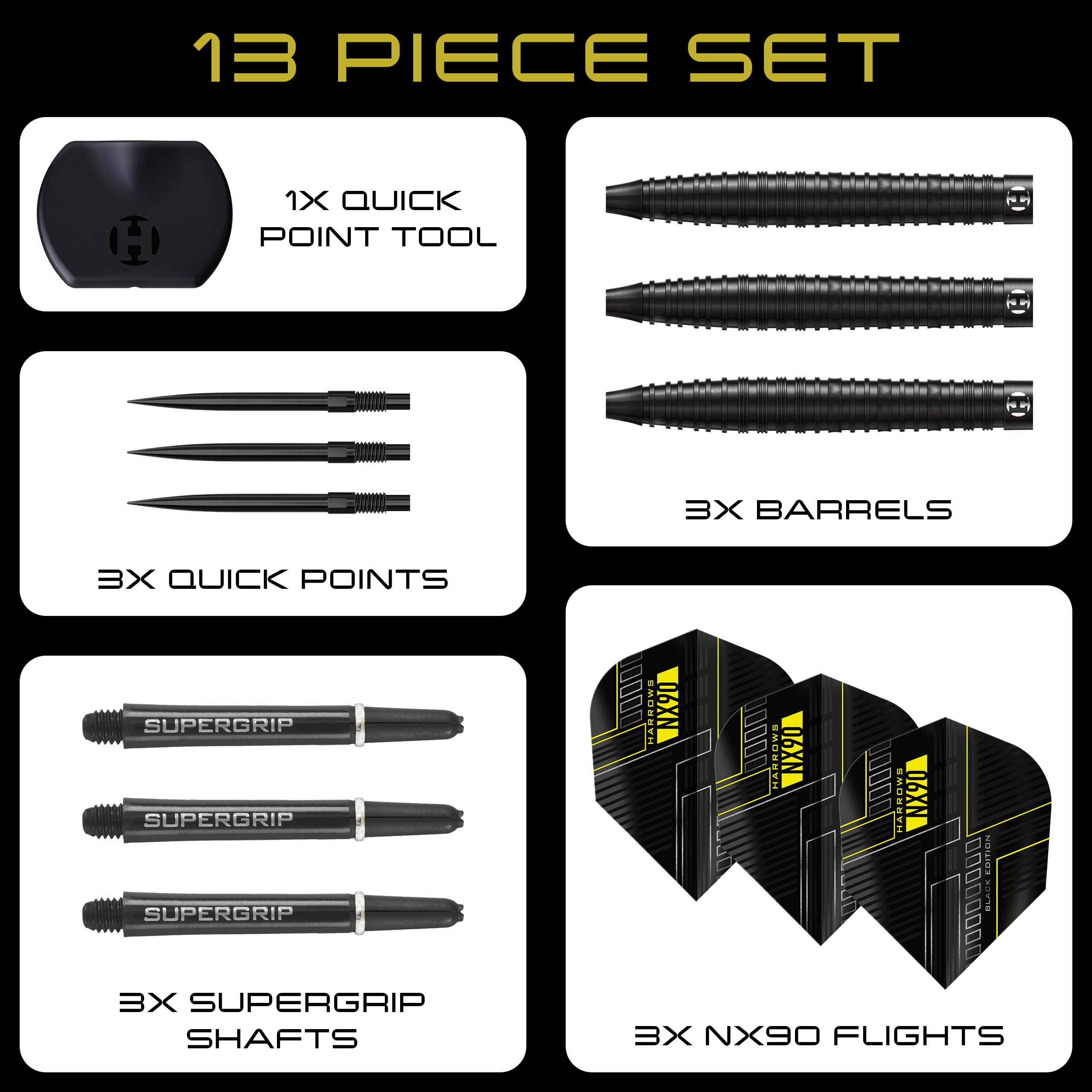 Hier zu sehen sind die Harrows NX90 Black Edition Tapered Quick Point Steeldarts. Die Darts sind schmal zulaufend und haben eine schwarze Oberfläche.