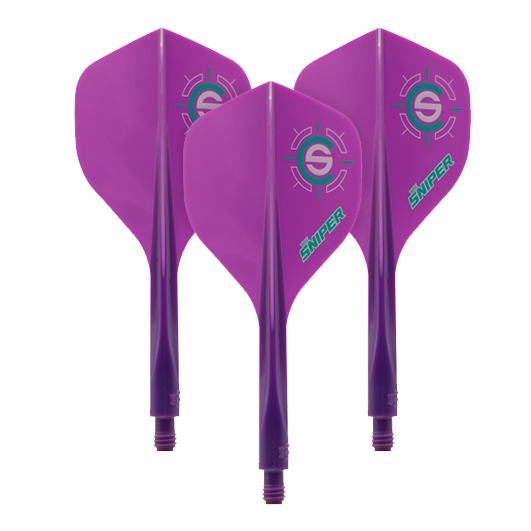 Das Bild zeigt drei lila Dartflights mit dem Aufdruck "Sniper" und einem Zielsymbol. Es handelt sich um das Produkt "Condor Axe 120 Connor Scutt Sniper Purple Flight-System - Standard".