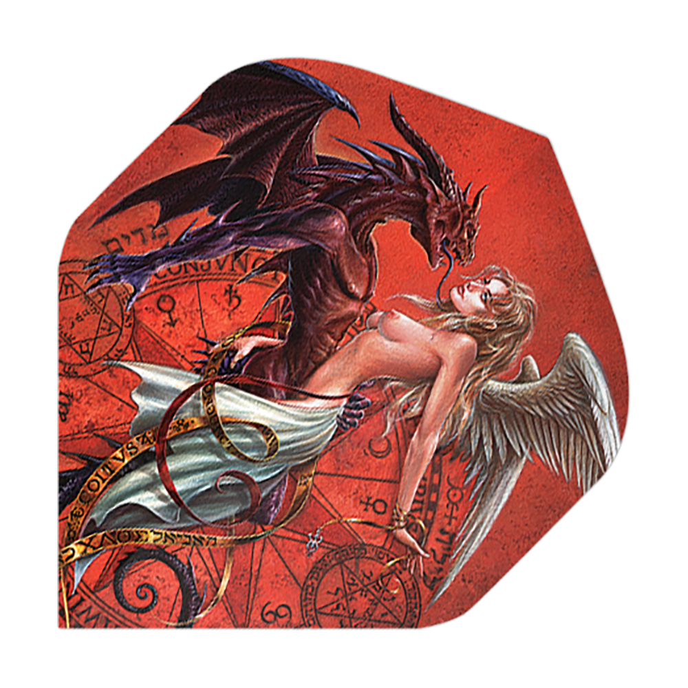 Alchemy Chemical Wedding No2 Standard Flights Das Bild zeigt eine kunstvolle Darstellung eines Drachens und eines Engels, die sich eng gegenüberstehen. Im Hintergrund sind mystische Symbole auf einem roten Untergrund zu sehen.