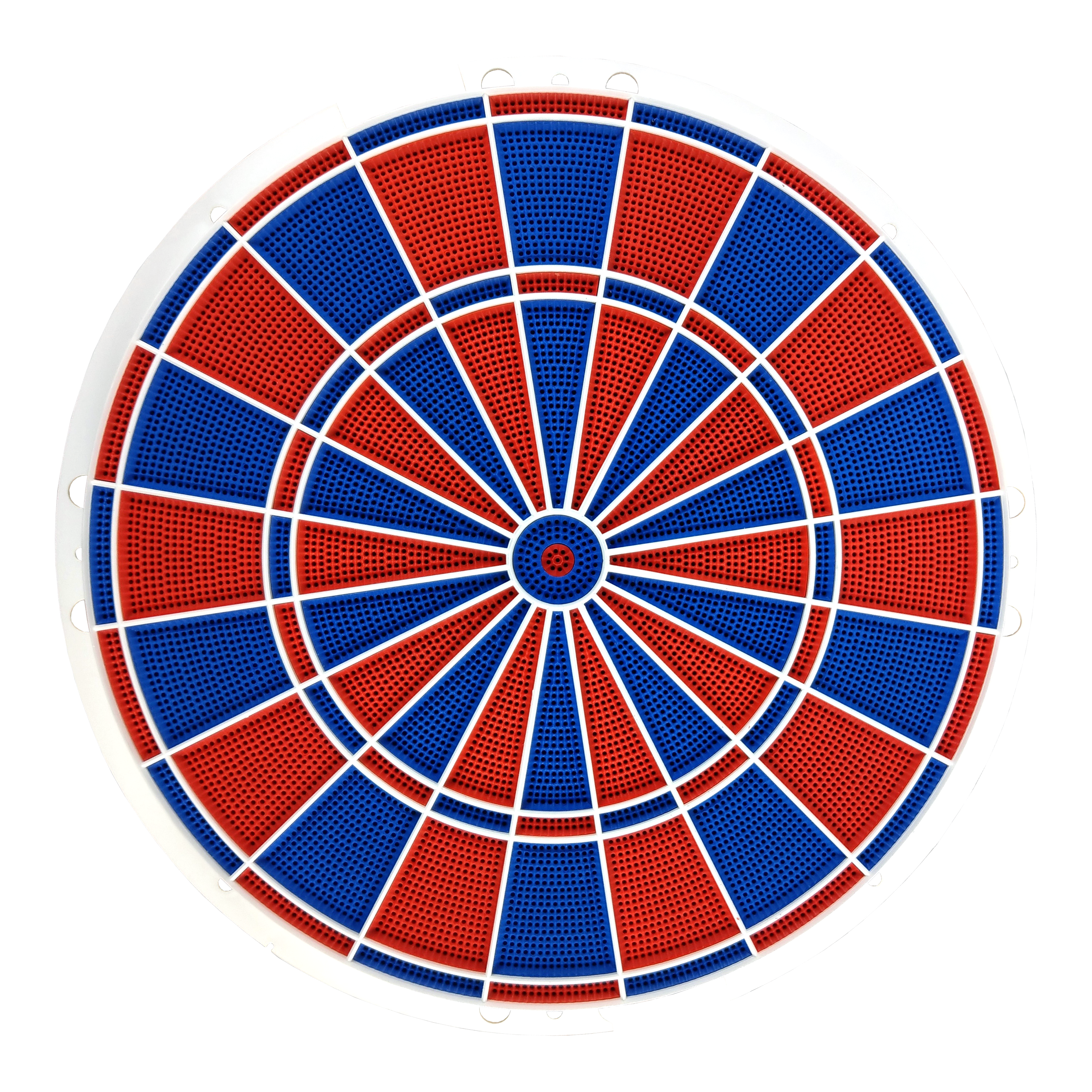 Karella E-Master spare part Das Bild zeigt eine runde Dartscheibe mit abwechselnd roten und blauen Segmenten. Die Segmente sind durch weiße Linien getrennt und die Scheibe hat einen weißen Rahmen.