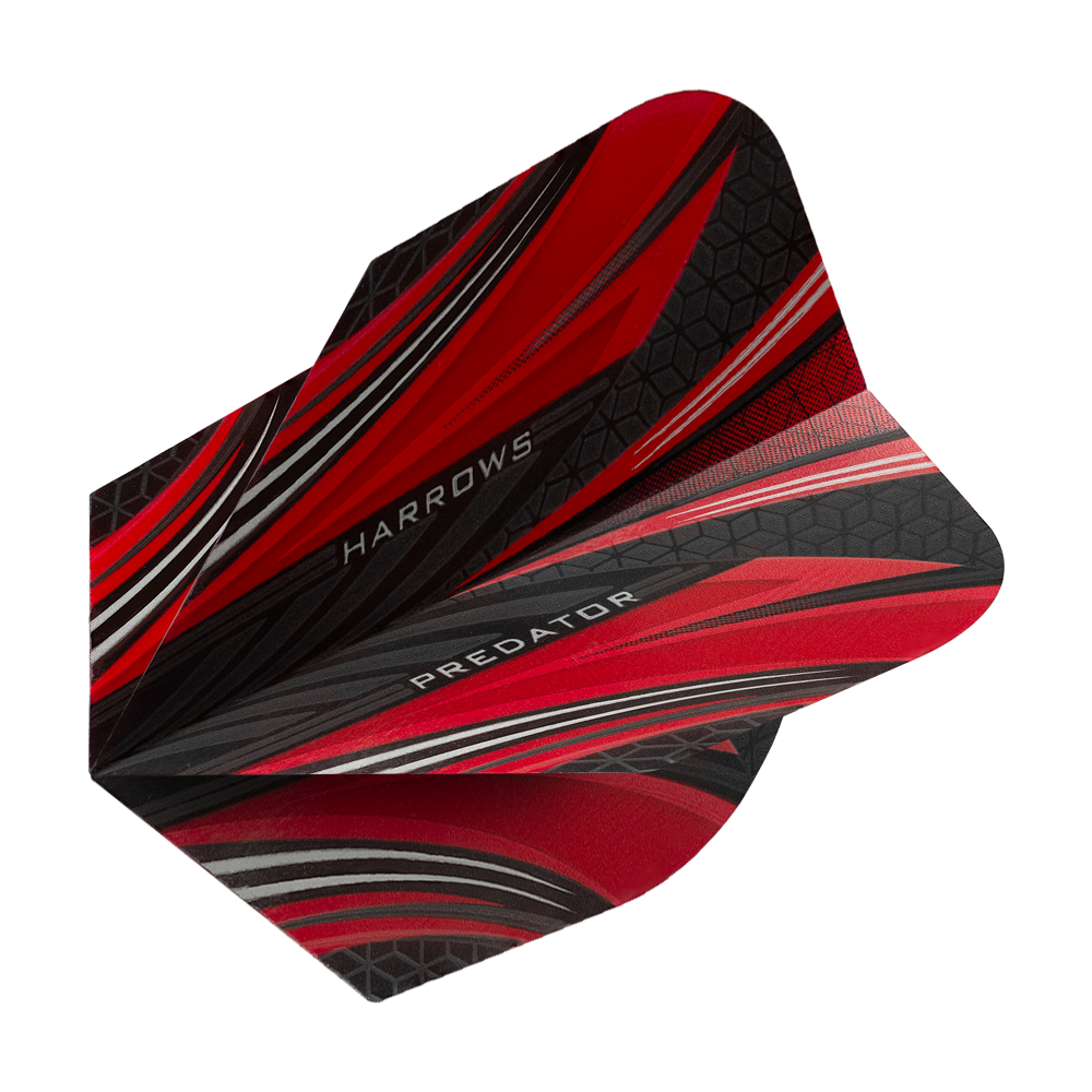 Das Bild zeigt die Harrows Prime Predator Rot No2 Standard Flights für Dartpfeile. Das Design ist überwiegend rot mit schwarzen und grauen Akzenten sowie auffälligen Mustern.