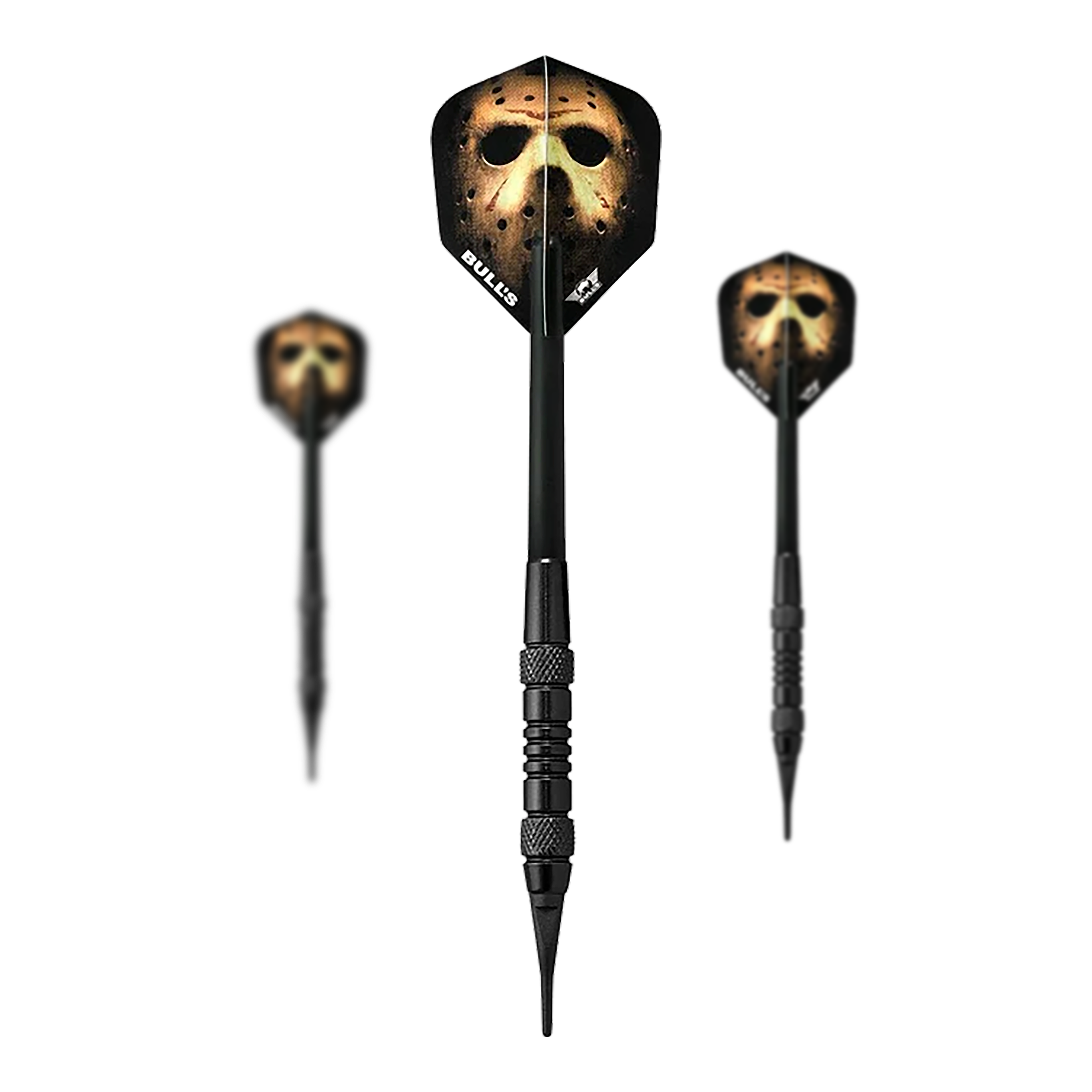 Hier sieht man das Set Bulls NL Thriller Black Brass Softdarts - 18g. Das Set umfasst mehrere Softdarts in schwarzer Optik.