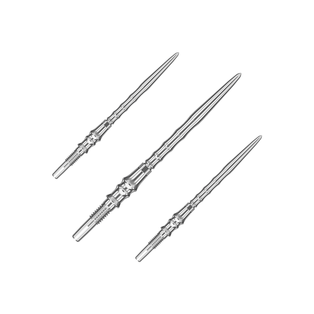 Das Bild zeigt ein Set silberner SwissPoint-Dartspitzen mit 35 mm Länge. Diese Dartspitzen stammen aus der Target Japan Premium Kollektion.