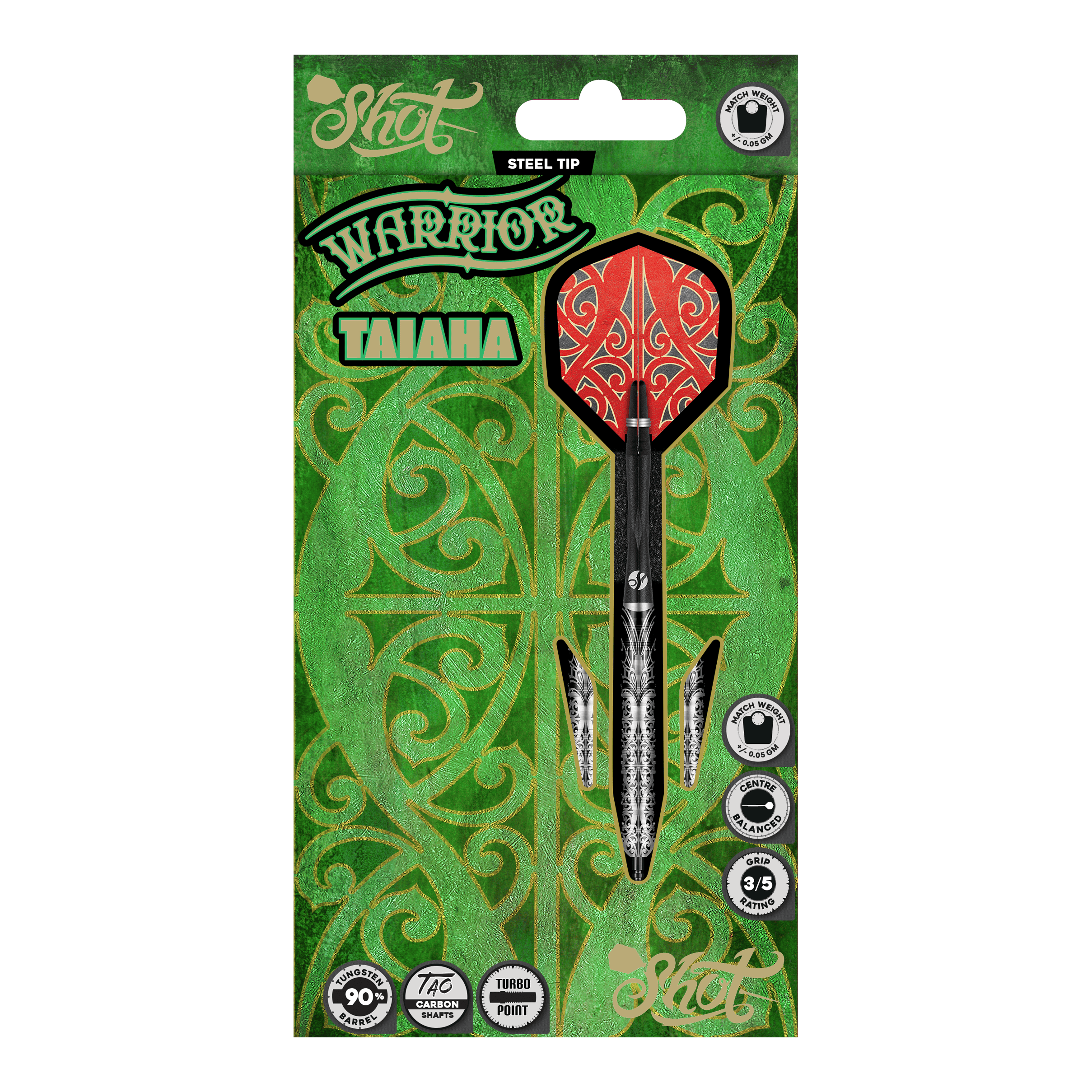 Shot Warrior Taiaha Turbo Point Steeldarts sind Dartpfeile mit kunstvollem Griffbereich. Sie liegen ordentlich nebeneinander.