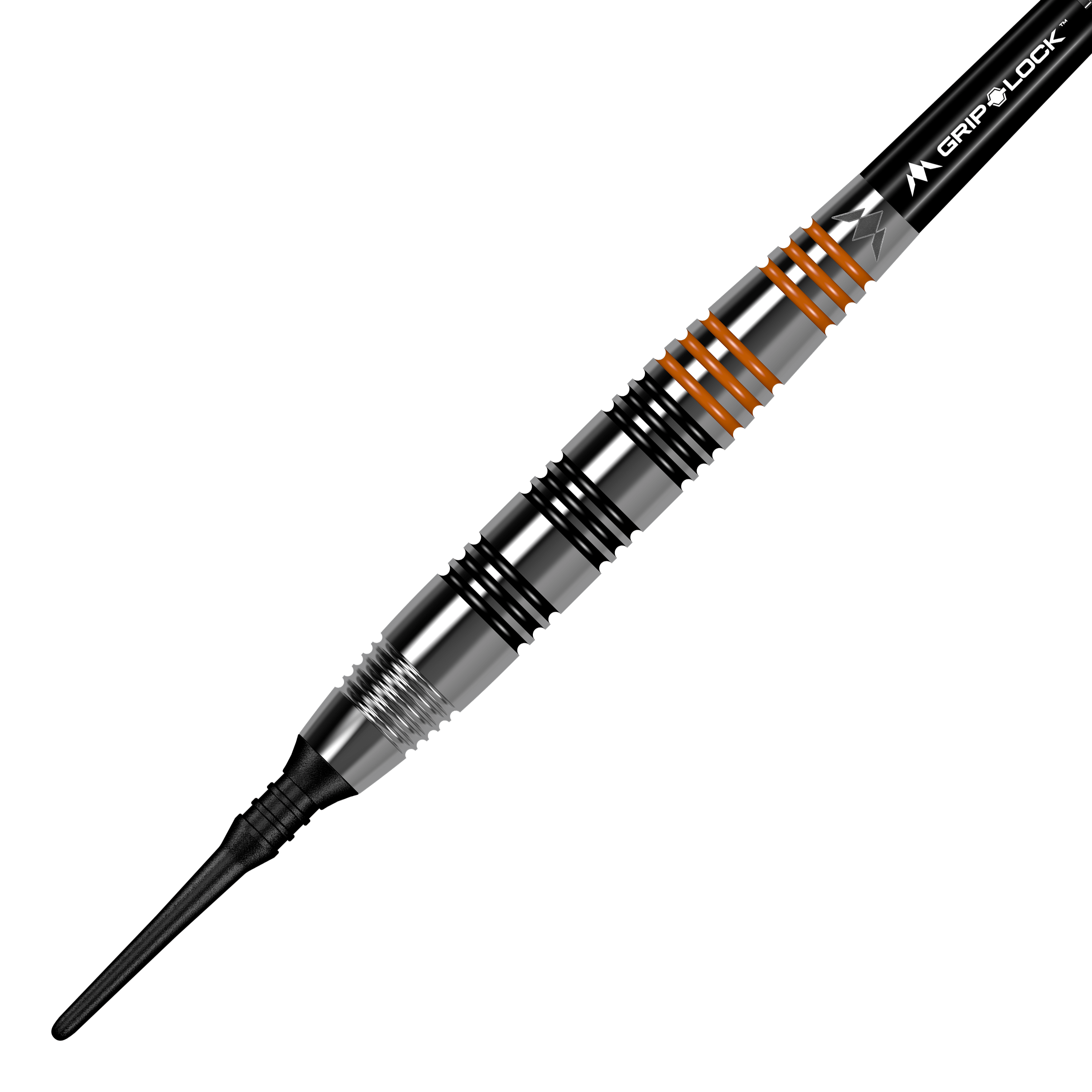 Mission Javan Brass Soft Darts - 18g Das Bild zeigt den "Mission Javan Brass Softdart" mit einem Gewicht von 18g. Der Dartpfeil ist silbern mit schwarzen und orangefarbenen Ringen am Griff.