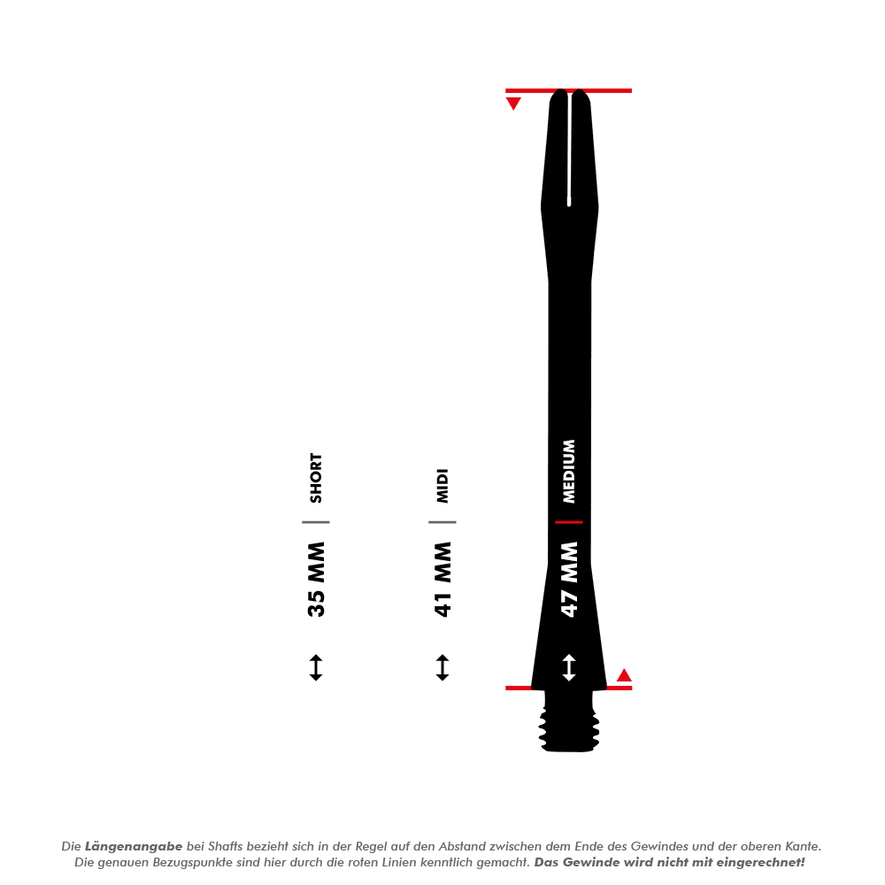 HR366_Harrows_Keramic_Shafts_5_47mmhPzYHInu0aDnG Das Bild zeigt die Harrows Keramic Shafts in Matt Schwarz mit drei verschiedenen Längenoptionen. Die Längen sind 35 mm (Short), 41 mm (Midi) und 47 mm (Medium), gemessen ab dem Ende des Gewindes bis zur Oberkante.