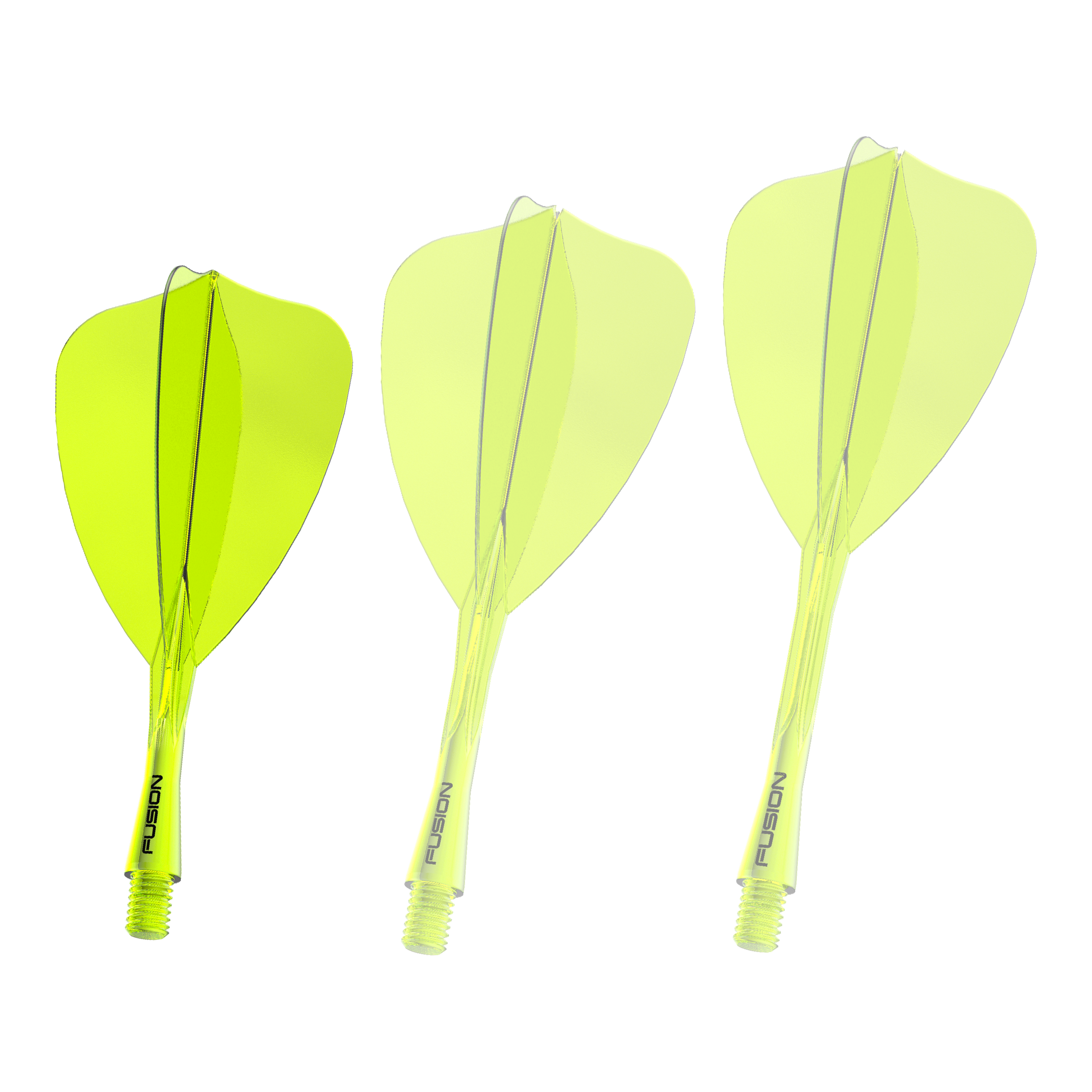 Das Bild zeigt ein Dartshaft- und Flight-System in Neongelb mit einer Länge von 22 mm. Es handelt sich um das 'Fusion Flight Shaft System Arrow' von Winmau.