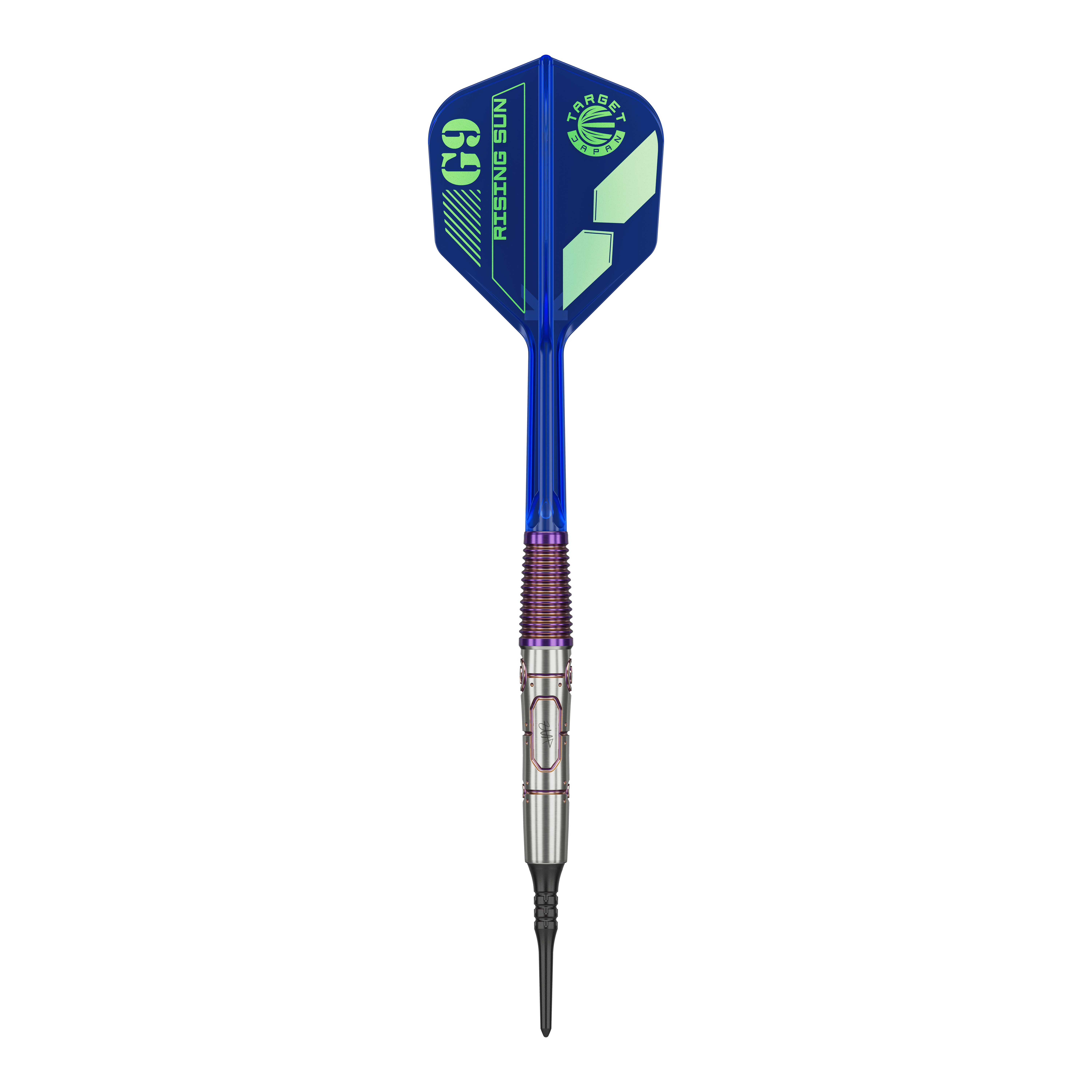 Target Japan Haruki Muramatsu Rising Sun GEN9 2BA Soft Darts - 21.5g Das Bild zeigt einen modernen Softdart mit blauem Flight und silber-lila Schaft. Auf dem Flight steht "G9 RISING SUN" und das Design wirkt sportlich und hochwertig.