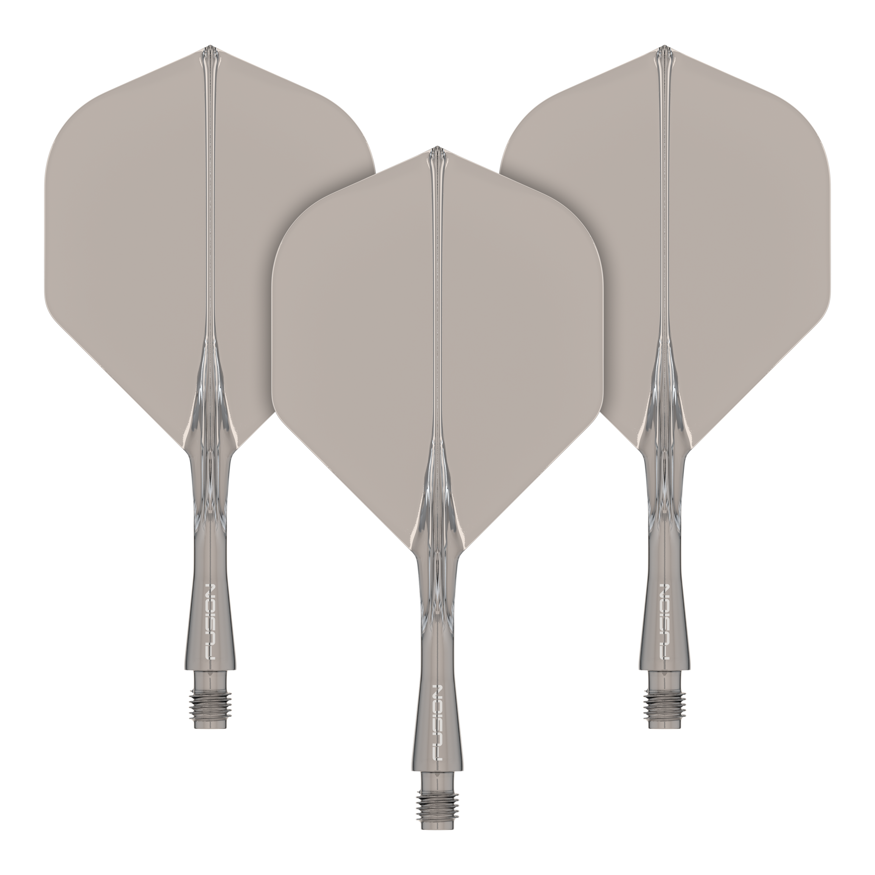 Das Bild zeigt drei graue Dart-Flights mit transparenten Schäften. Sie sind ordentlich nebeneinander angeordnet und haben eine standardisierte Pfeilform.