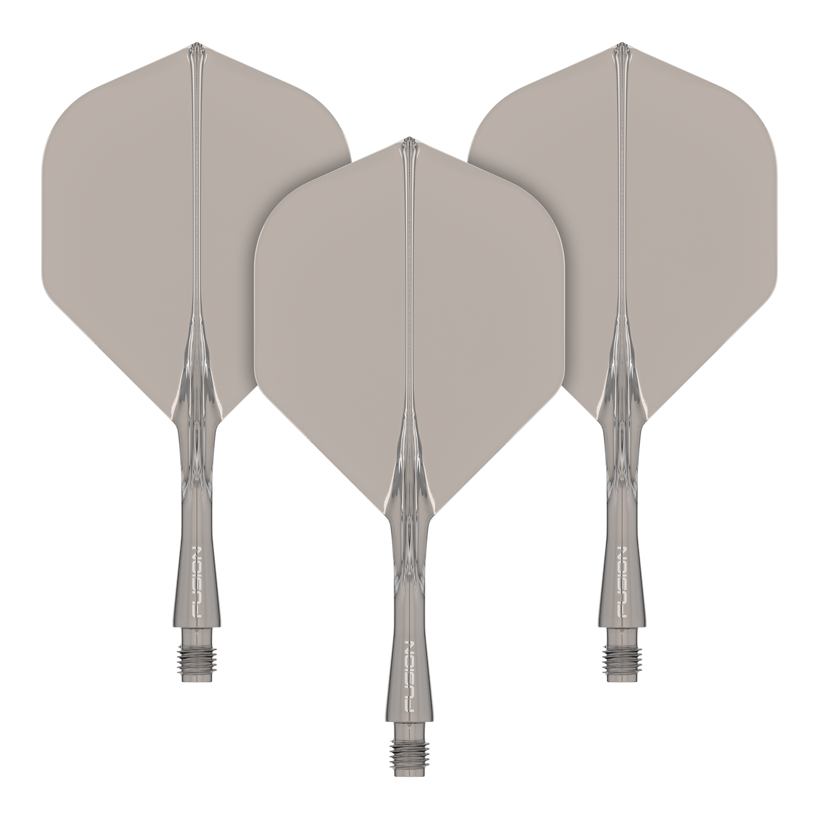 Winmau Fusion Flight Shaft System Standard Smokey Das Bild zeigt drei graue Dart-Flights mit transparenten Schäften. Sie sind ordentlich nebeneinander angeordnet und haben eine standardisierte Pfeilform.
